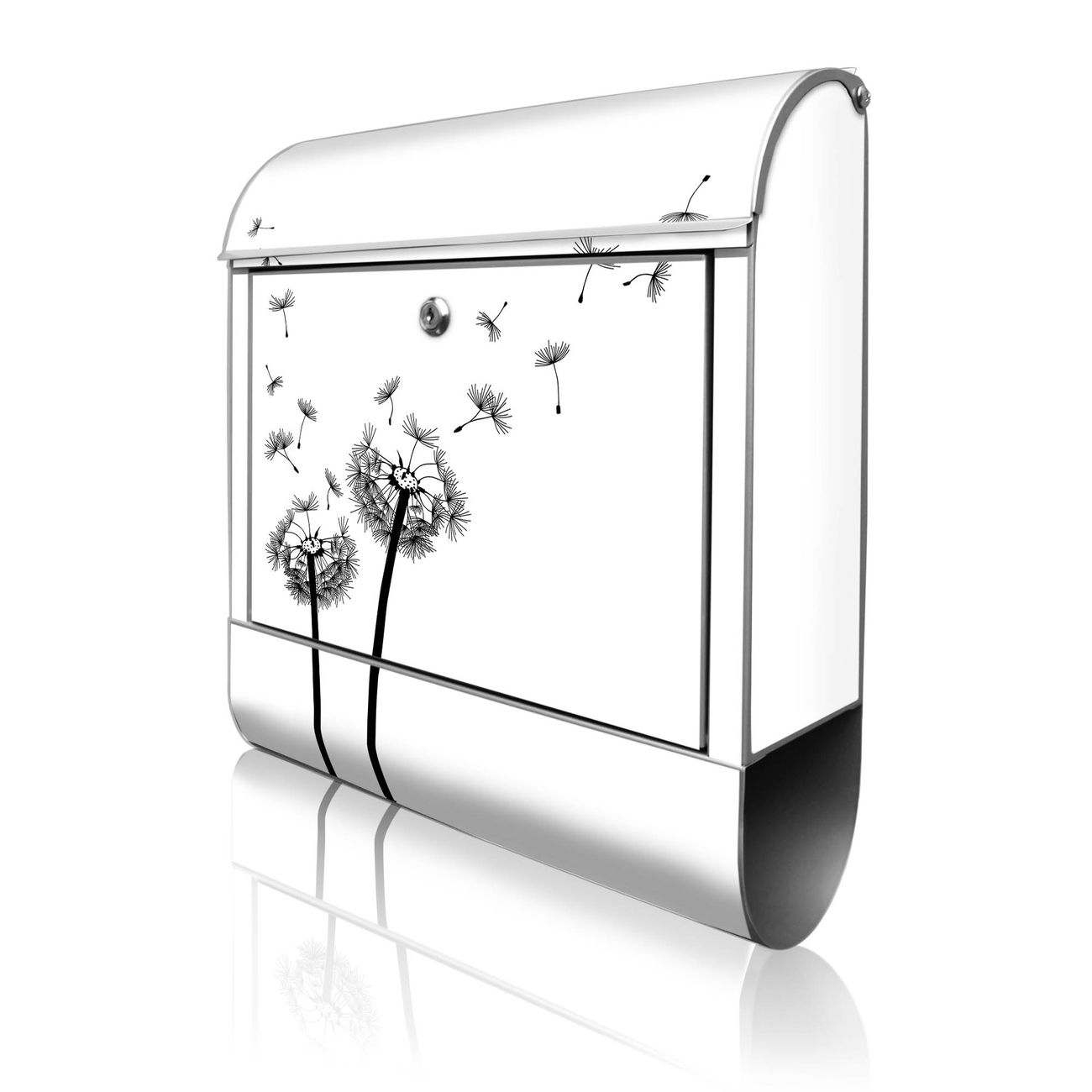 banjado Manufaktur Briefkasten silber bunt mit Motiv Pusteblume 2 38x47x13cm - mit Zeitungsfach pulverbeschichtet, 2 Schlüssel, mit Montageanleitung