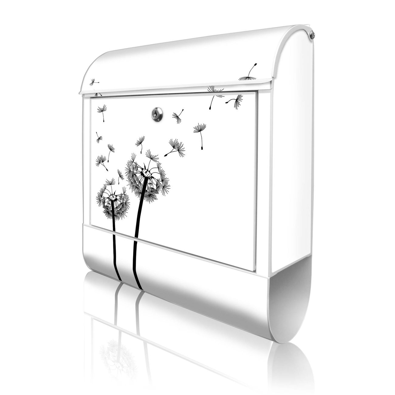 banjado Manufaktur Briefkasten weiß bunt mit Motiv Pusteblume 2 38x47x13cm - mit Zeitungsfach pulverbeschichtet, 2 Schlüssel, mit Montageanleitung