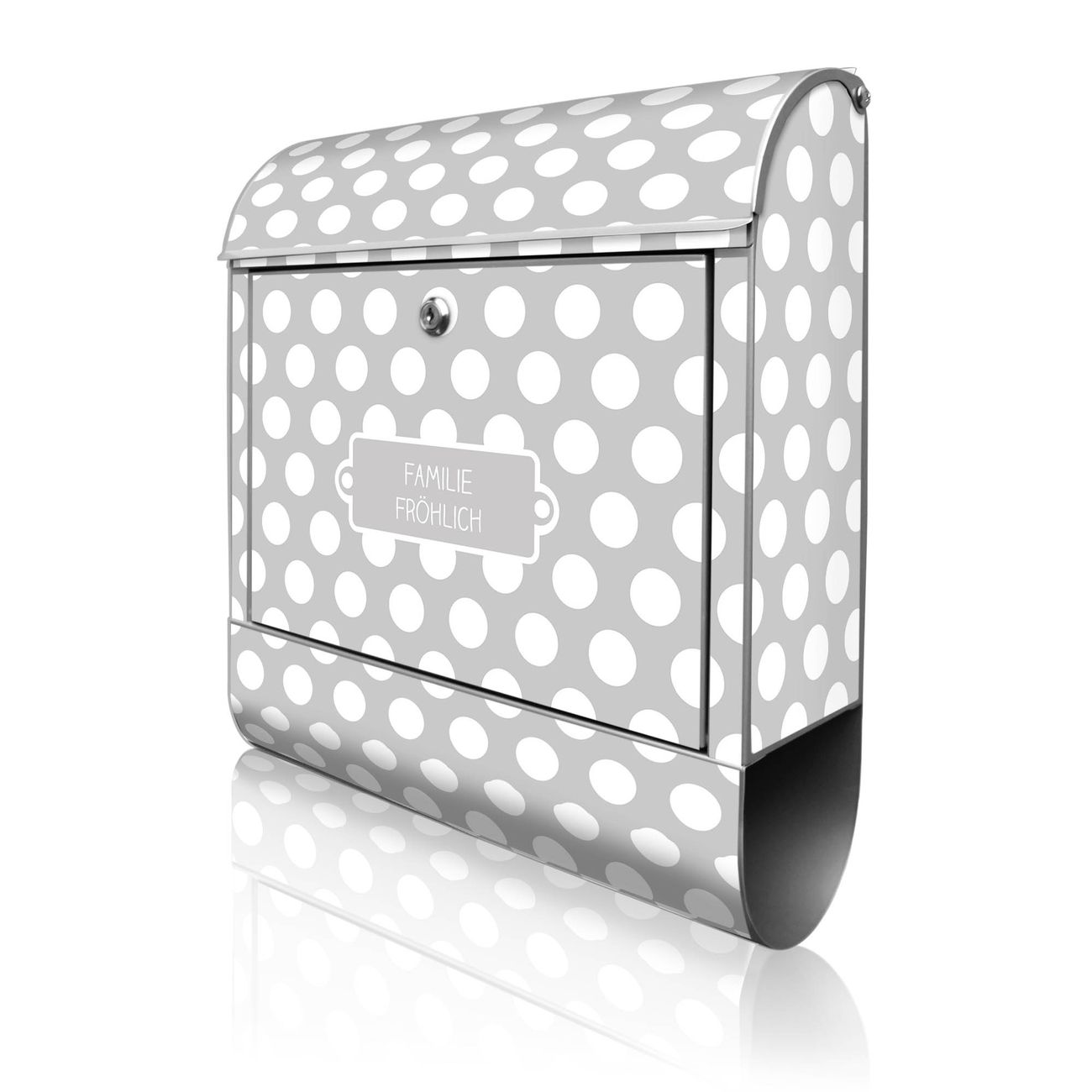 banjado Briefkasten silber mit Hausnummer und Motiv Punkte Grau 38x47x13cm - mit Zeitungsfach pulverbeschichtet - 2 Schlüssel, Montageanleitung