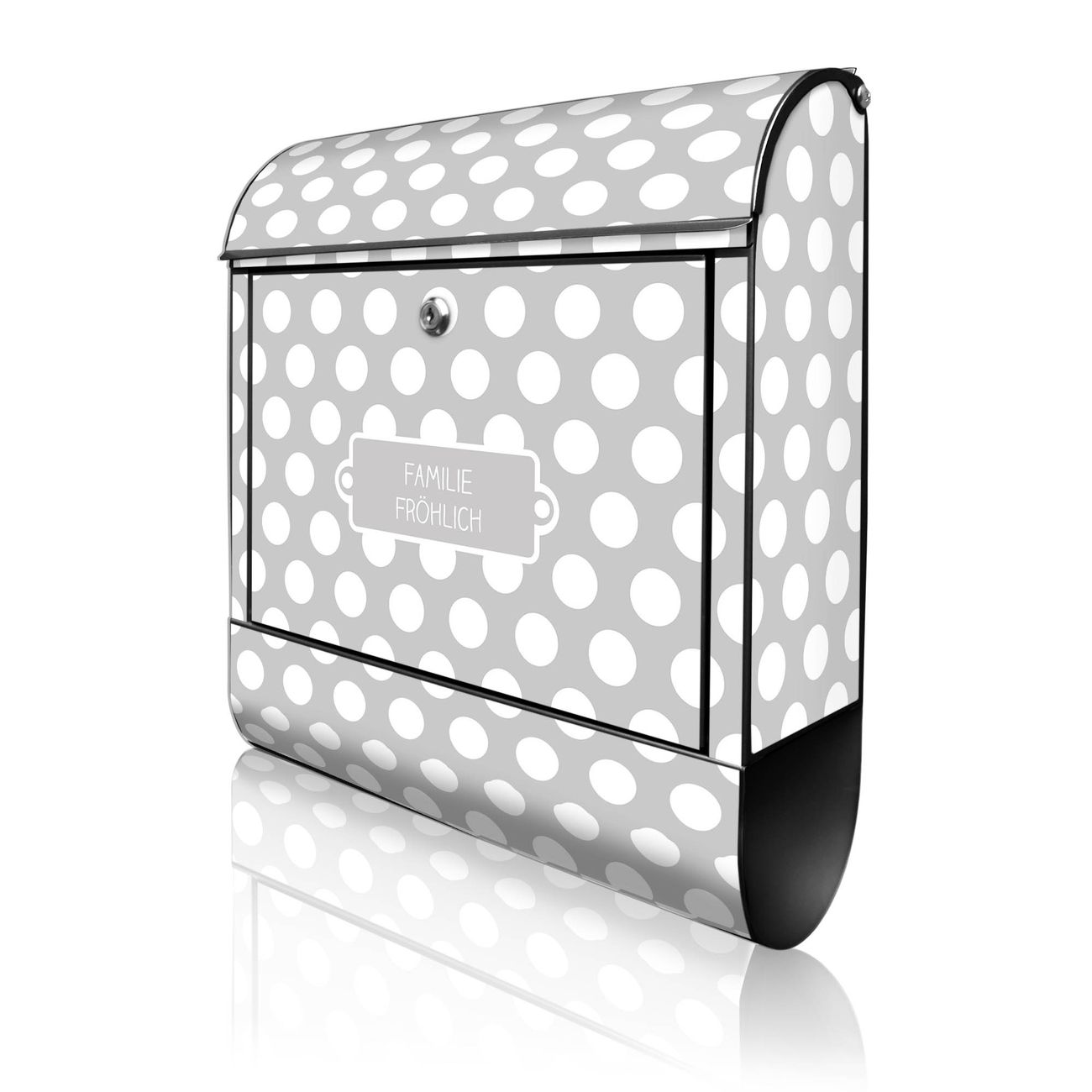 banjado Briefkasten schwarz mit Hausnummer und Motiv Punkte Grau 38x47x13cm - mit Zeitungsfach pulverbeschichtet - 2 Schlüssel, Montageanleitung