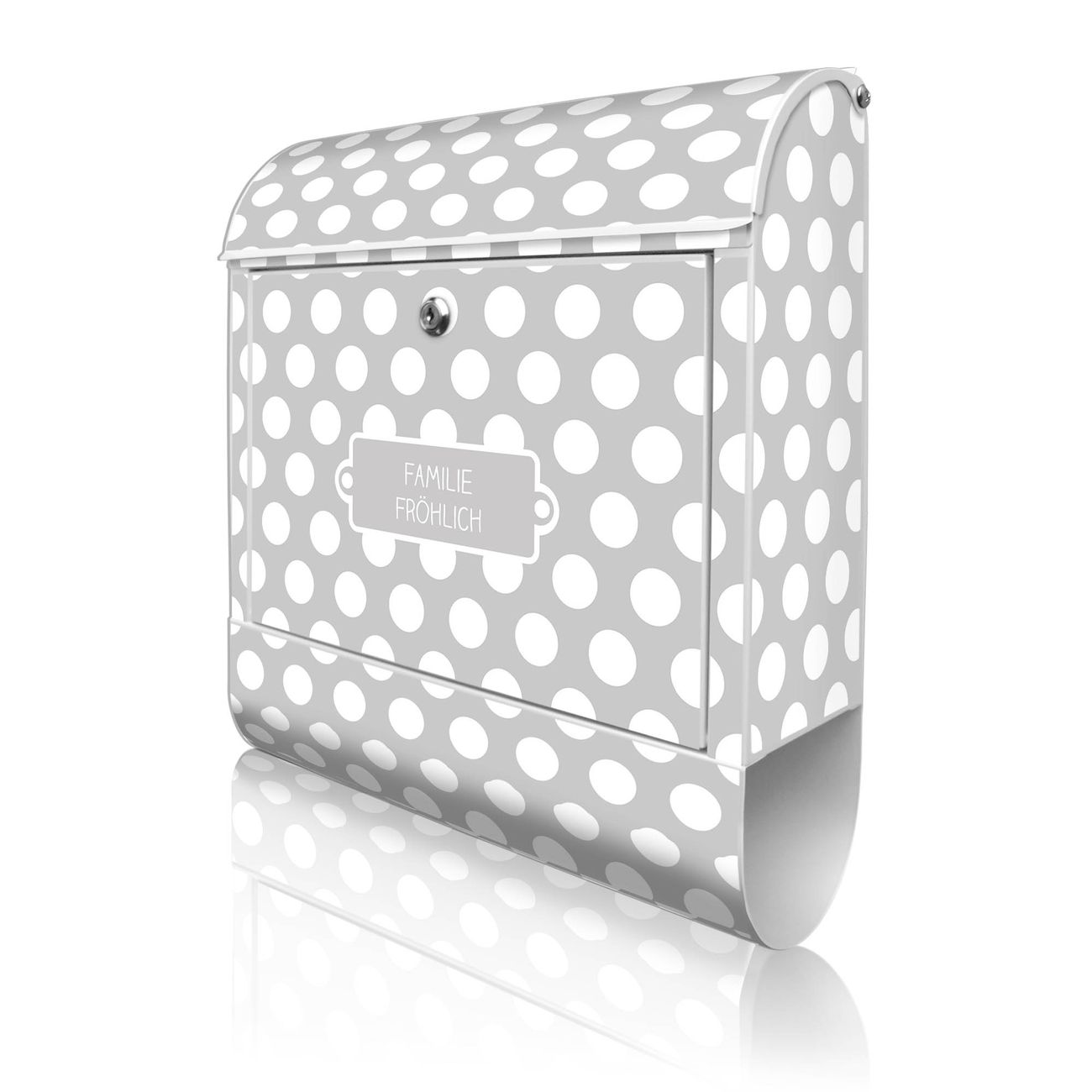 banjado Briefkasten weiß mit Hausnummer und Motiv Punkte Grau 38x47x13cm - mit Zeitungsfach pulverbeschichtet - 2 Schlüssel, Montageanleitung