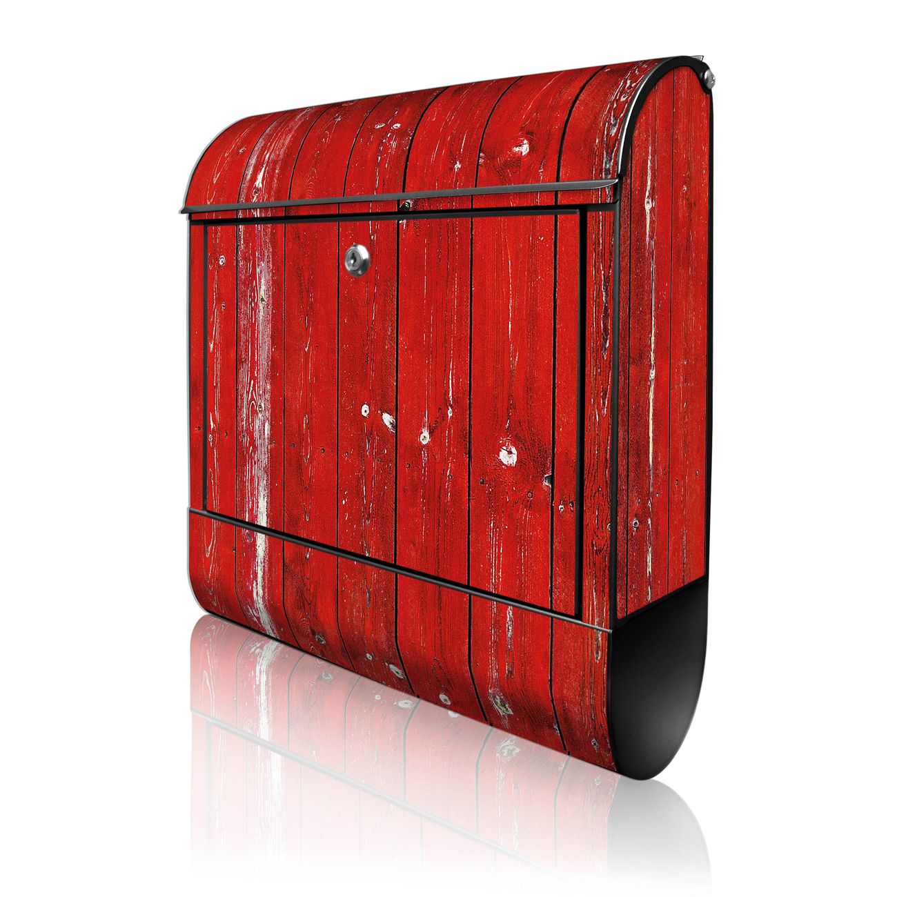 banjado Briefkasten groß schwarz kaufen mit Motiv Rote Holzlatten 38x47x13cm - mit Zeitungsfach pulverbeschichtet - 2 Schlüssel - mit Montageanleitung