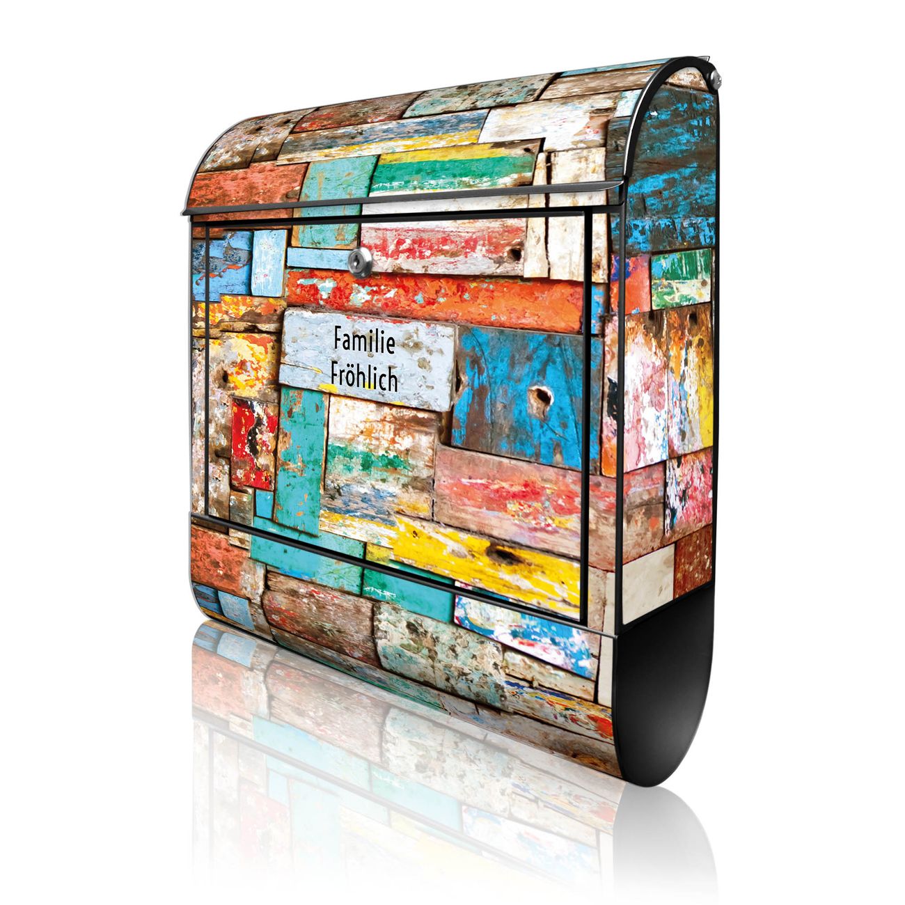 banjado Design Briefkasten schwarz mit Motiv Bunte Holzschindeln 38x47x13cm, 2 Schlüssel - Briefkasten Stahl mit Zeitungsfach pulverbeschichtet A4 Einwurf