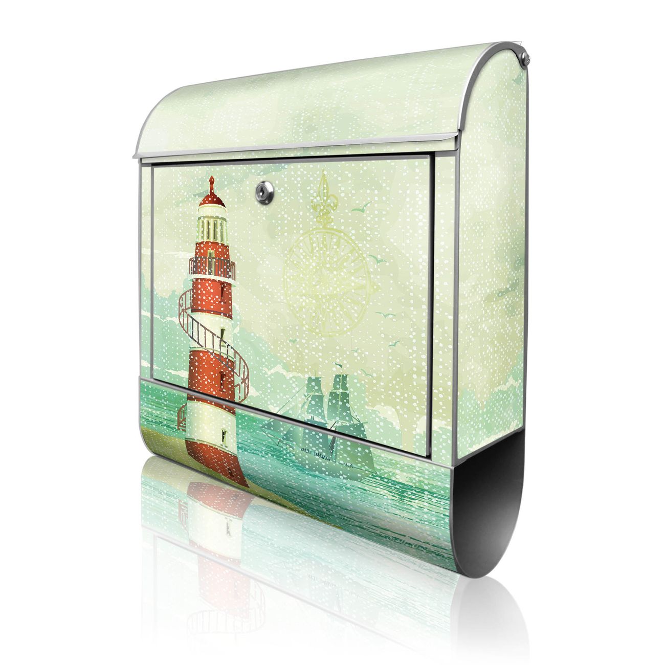 banjado Briefkasten groß silber kaufen mit Motiv Alter Leuchtturm 38x47x13cm - mit Zeitungsfach pulverbeschichtet - 2 Schlüssel - mit Montageanleitung
