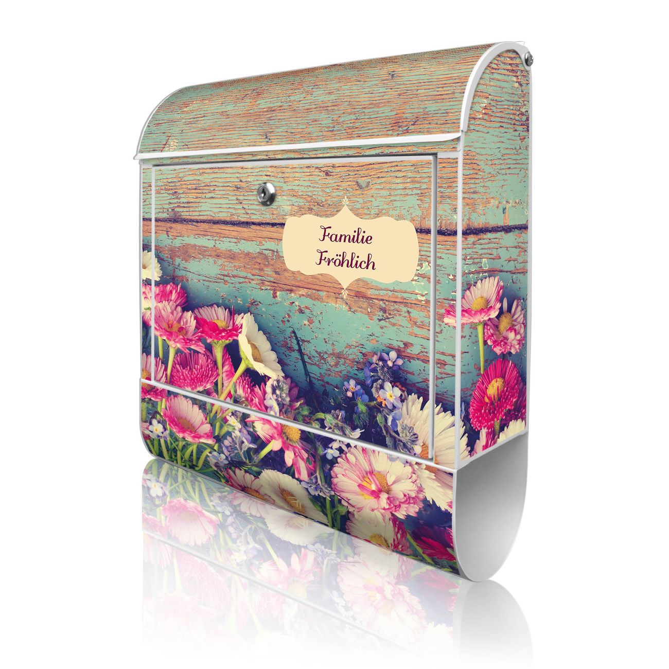 banjado Design Briefkasten weiß mit Motiv Blumenpfücken 38x47x13cm, 2 Schlüssel - Briefkasten Stahl mit Zeitungsfach pulverbeschichtet A4 Einwurf