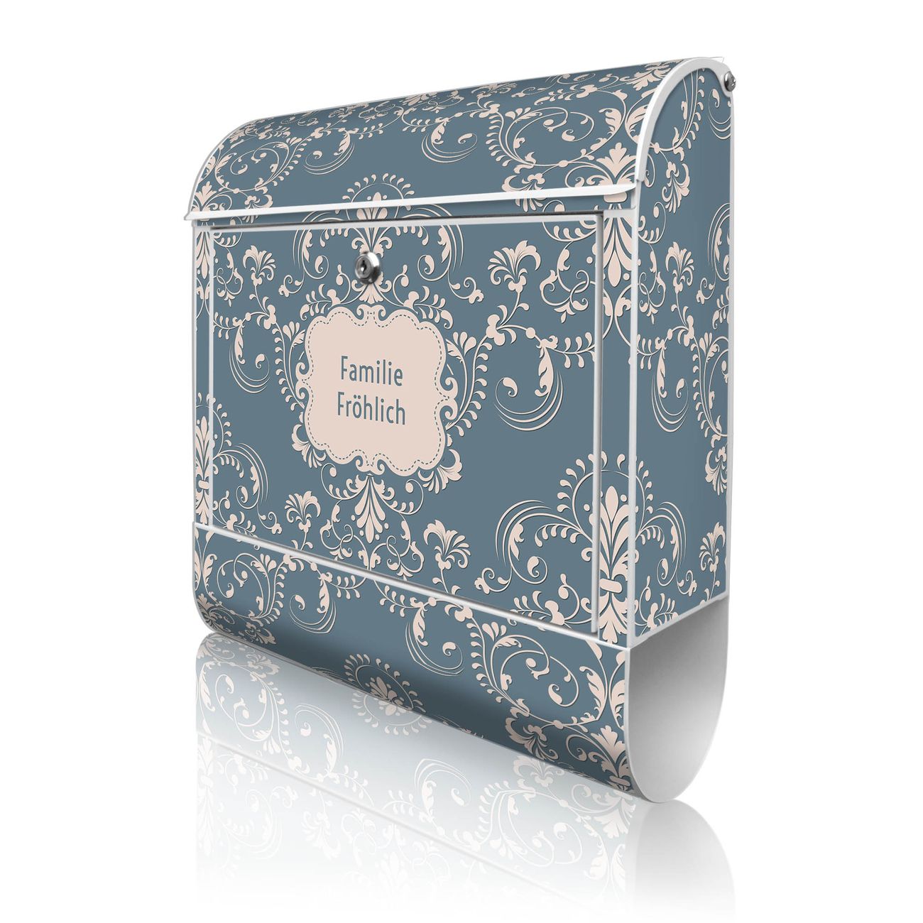 banjado Wandbriefkasten weiß groß mit Motiv Royal Creme Blau 38x47x13cm - inkl. Zeitungsfach, 2 Schlüssel und Montageanleitung - pulverbeschichtet