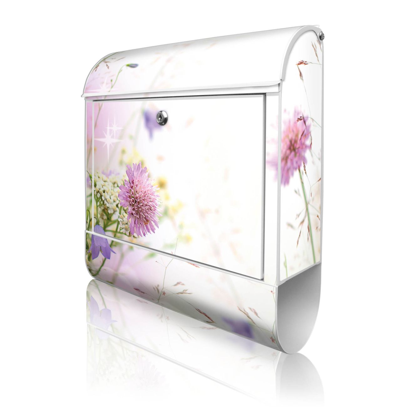 banjado Briefkasten weiß mit Hausnummer und Motiv Glitzernde Wiese 38x47x13cm - mit Zeitungsfach pulverbeschichtet - 2 Schlüssel, Montageanleitung