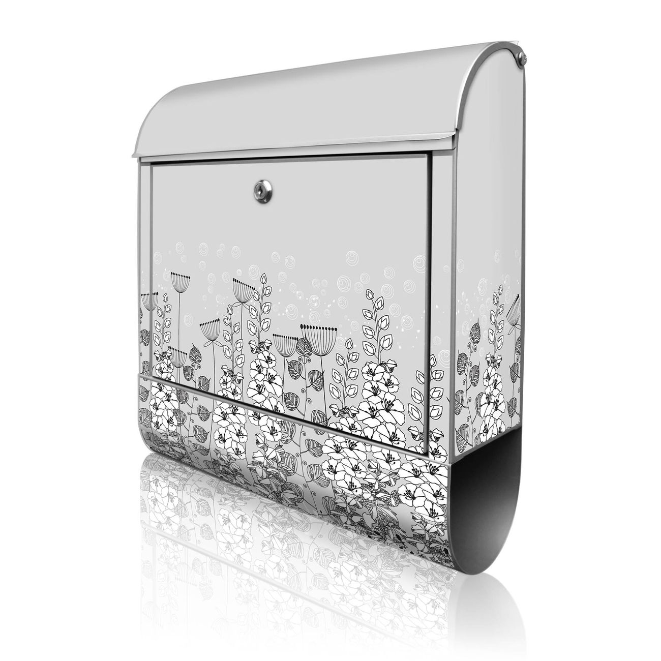banjado Design Briefkasten silber mit Motiv Wegesrand 38x47x13cm, 2 Schlüssel - Briefkasten Stahl mit Zeitungsfach pulverbeschichtet A4 Einwurf