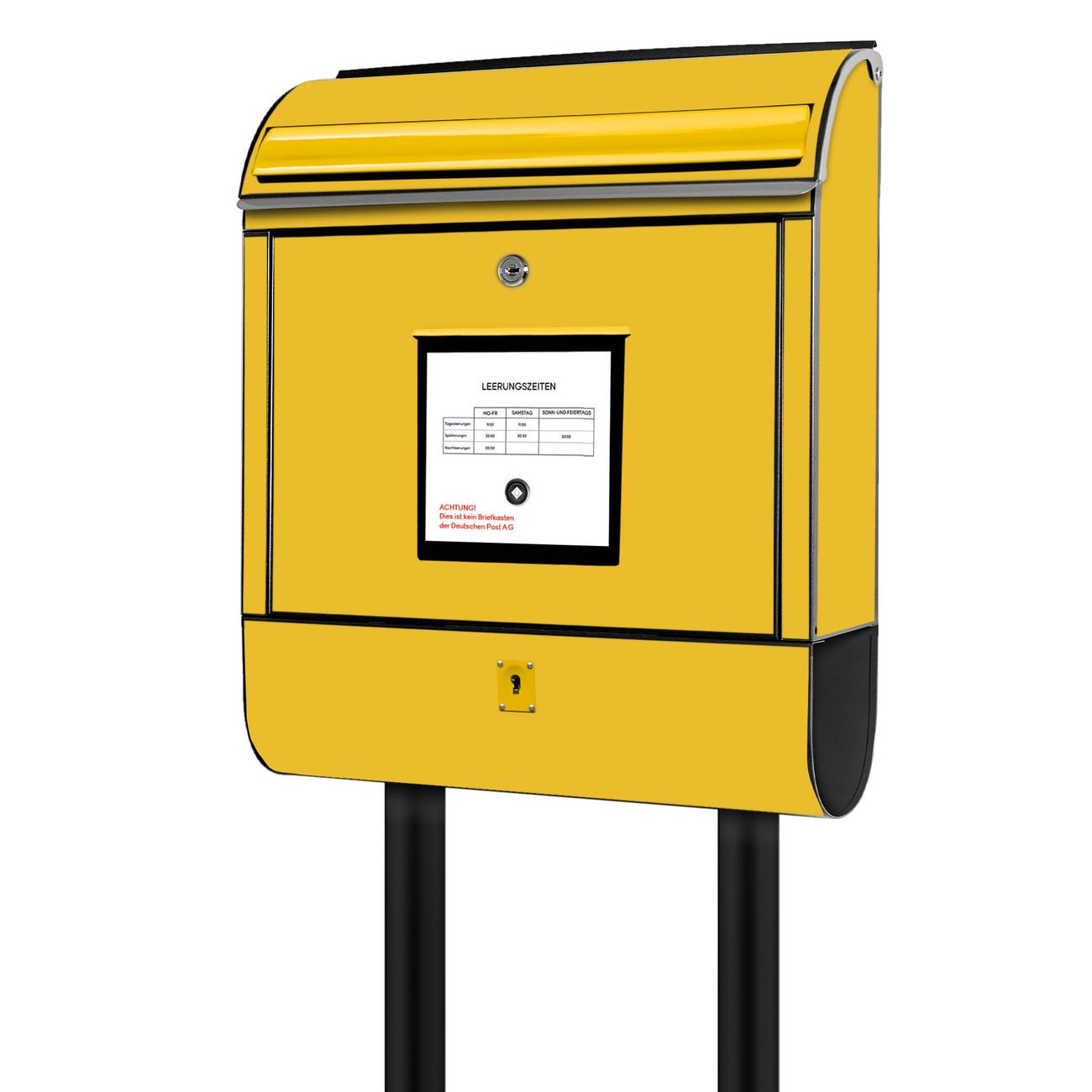 banjado Briefkasten freistehend modern mit Motiv Briefkasten Gelb 38x161,5x16cm mit Zeitungsfach pulverbeschichtet, 2 Schlüssel, Montageanleitung