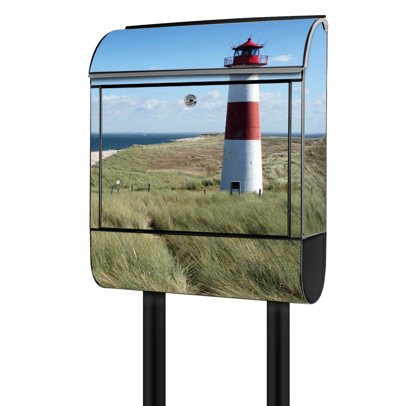 banjado Standbriefkasten groß mit Motiv Leuchtturm 38x161,5x16cm - inkl Zeitungsfach, 2 Schlüssel und Montageanleitung - pulverbeschichtet