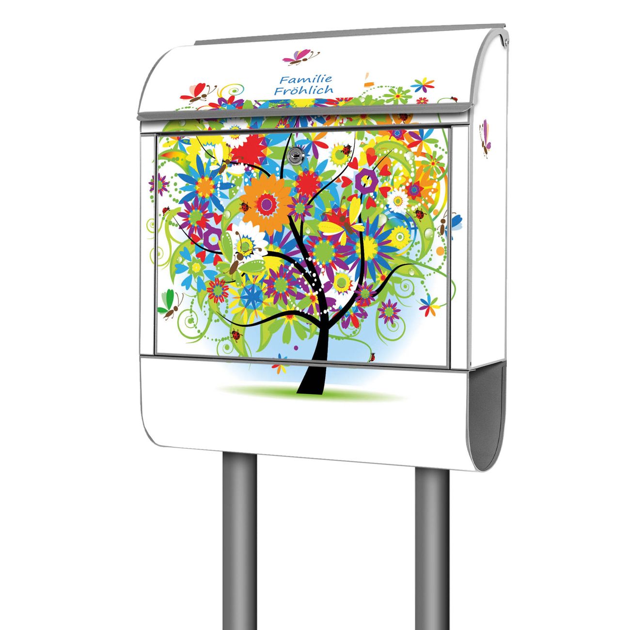banjado großer Standbriefkasten mit Namen und Motiv Märchenzauberbaum mit Zeitungsfach, pulverbeschichtet, 2 Schlüssel + Montageanleitung