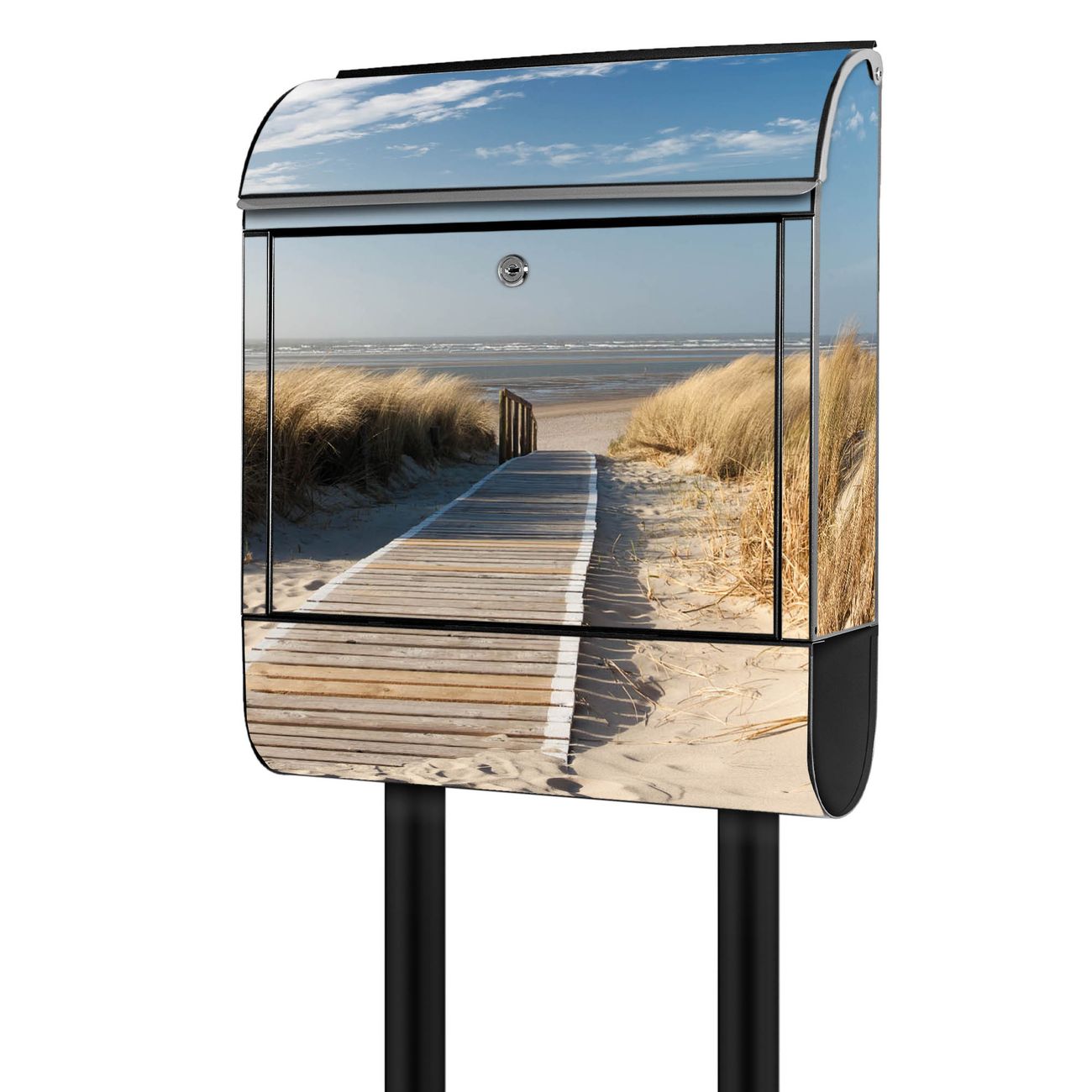 banjado Postkasten mit Standfuß und Motiv Dünen 38x161,5x16cm - mit Zeitungsfach pulverbeschichtet - 2 Schlüssel und Montageanleitung