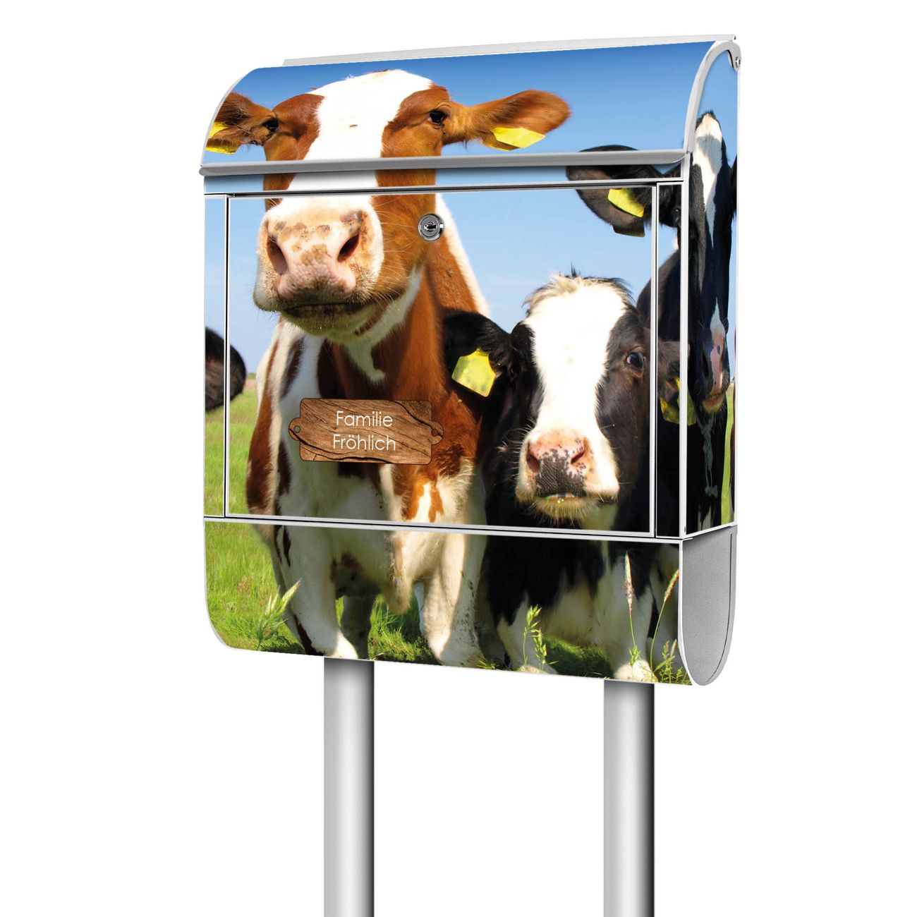 banjado freistehender Briefkasten mit Motiv Kühe 38x161,5x16cm, 2 Schlüssel - Briefkasten Stahl mit Zeitungsfach pulverbeschichtet