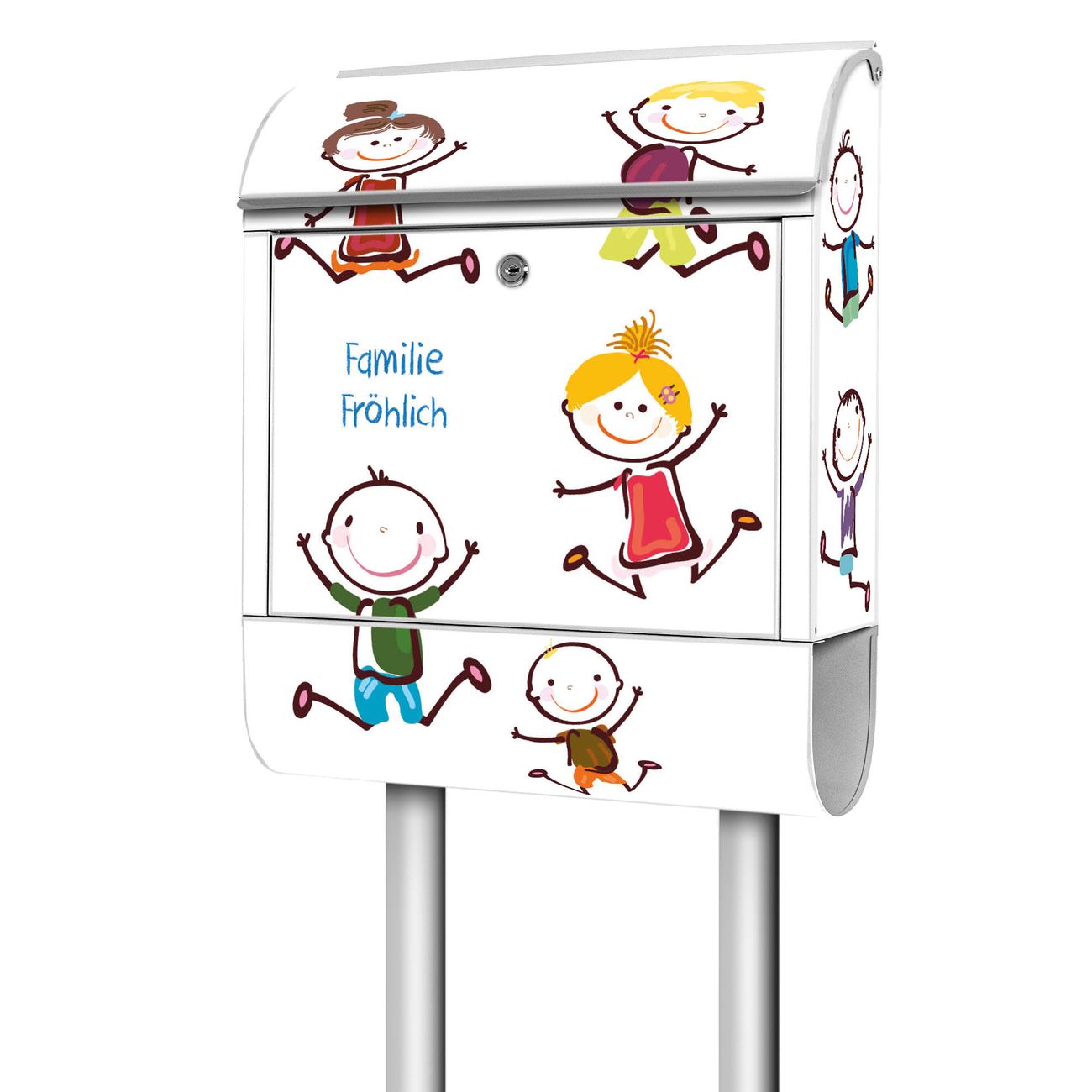 banjado freistehender Briefkasten mit Motiv Happy Kids 38x161,5x16cm, 2 Schlüssel - Briefkasten Stahl mit Zeitungsfach pulverbeschichtet