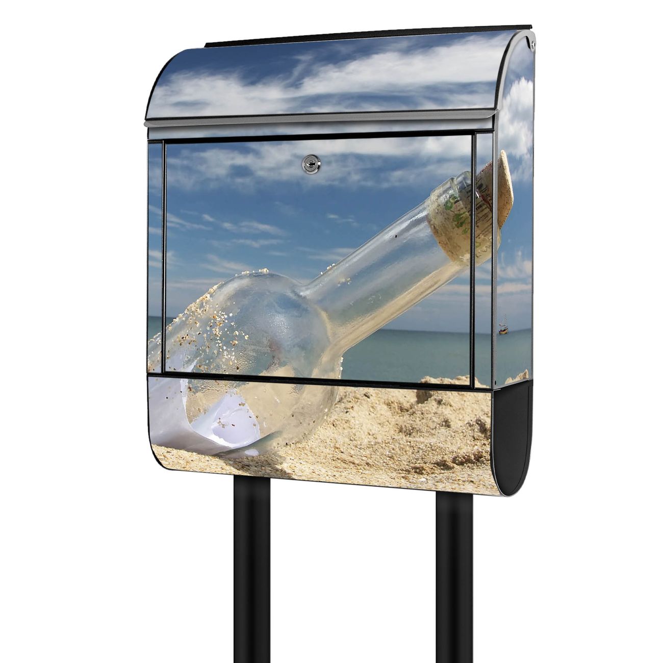 banjado Briefkasten freistehend modern mit Motiv Flaschenpost 38x161,5x16cm mit Zeitungsfach pulverbeschichtet, 2 Schlüssel, Montageanleitung