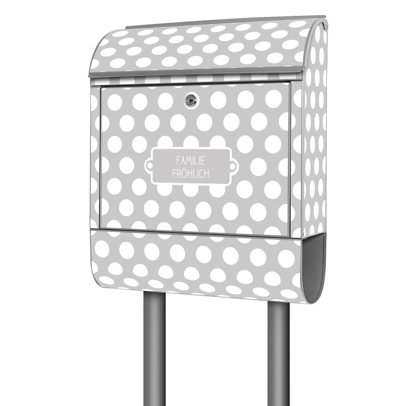 banjado großer Standbriefkasten mit Namen und Motiv Punkte Grau mit Zeitungsfach, pulverbeschichtet, 2 Schlüssel + Montageanleitung