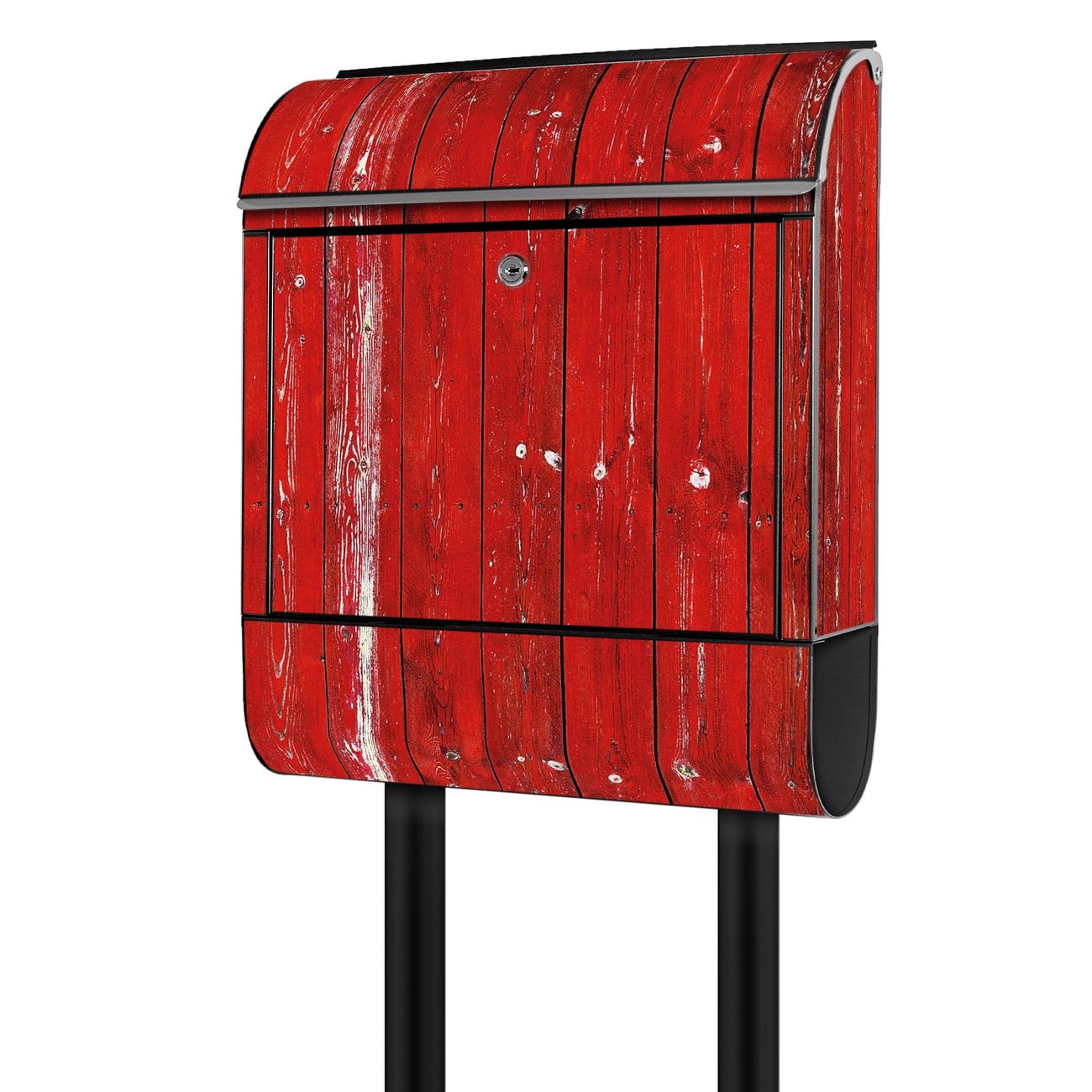 banjado Postkasten mit Standfuß und Motiv Rote Holzlatten 38x161,5x16cm - mit Zeitungsfach pulverbeschichtet - 2 Schlüssel und Montageanleitung