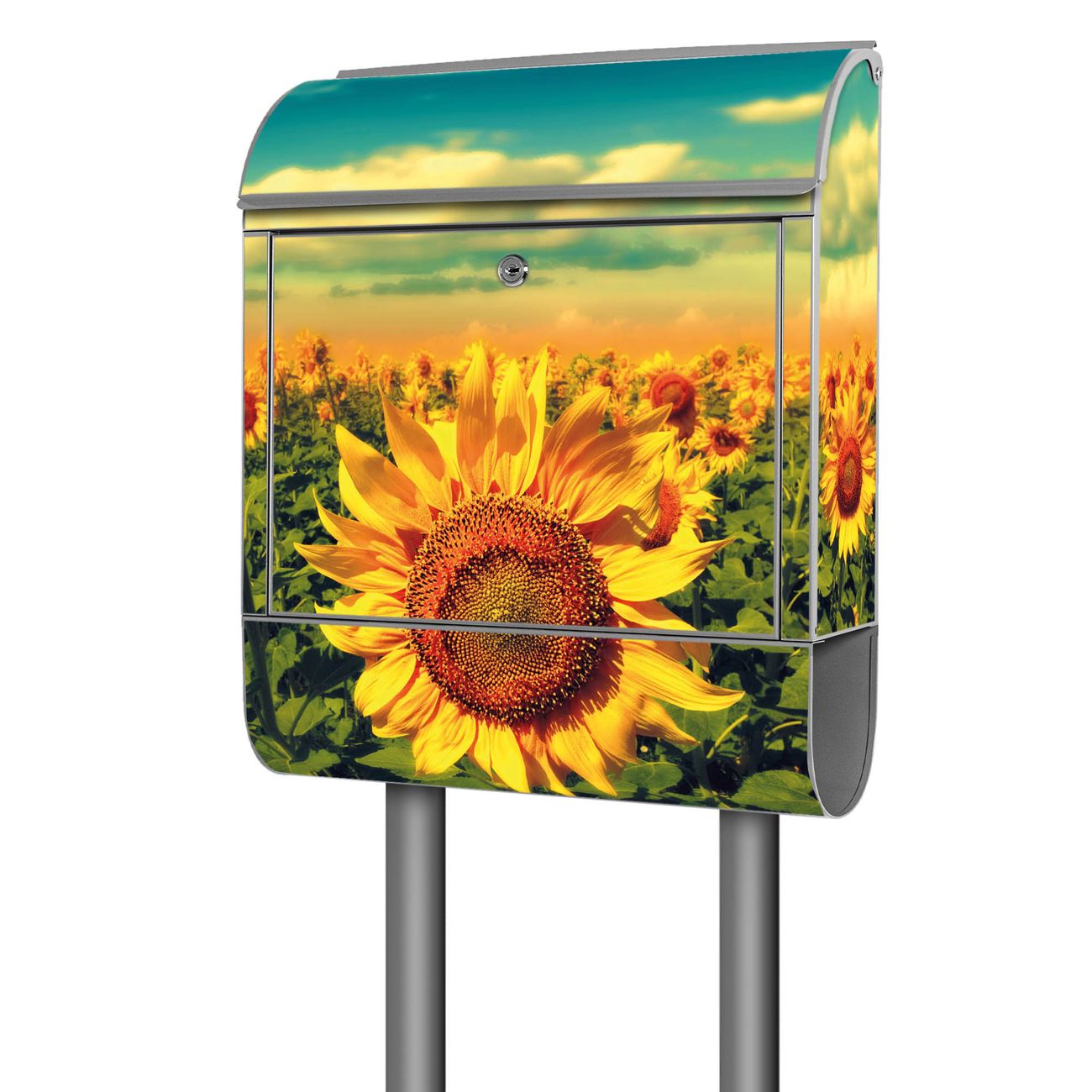 banjado Briefkasten freistehend modern mit Motiv Sonnenblumen 38x161,5x16cm mit Zeitungsfach pulverbeschichtet, 2 Schlüssel, Montageanleitung