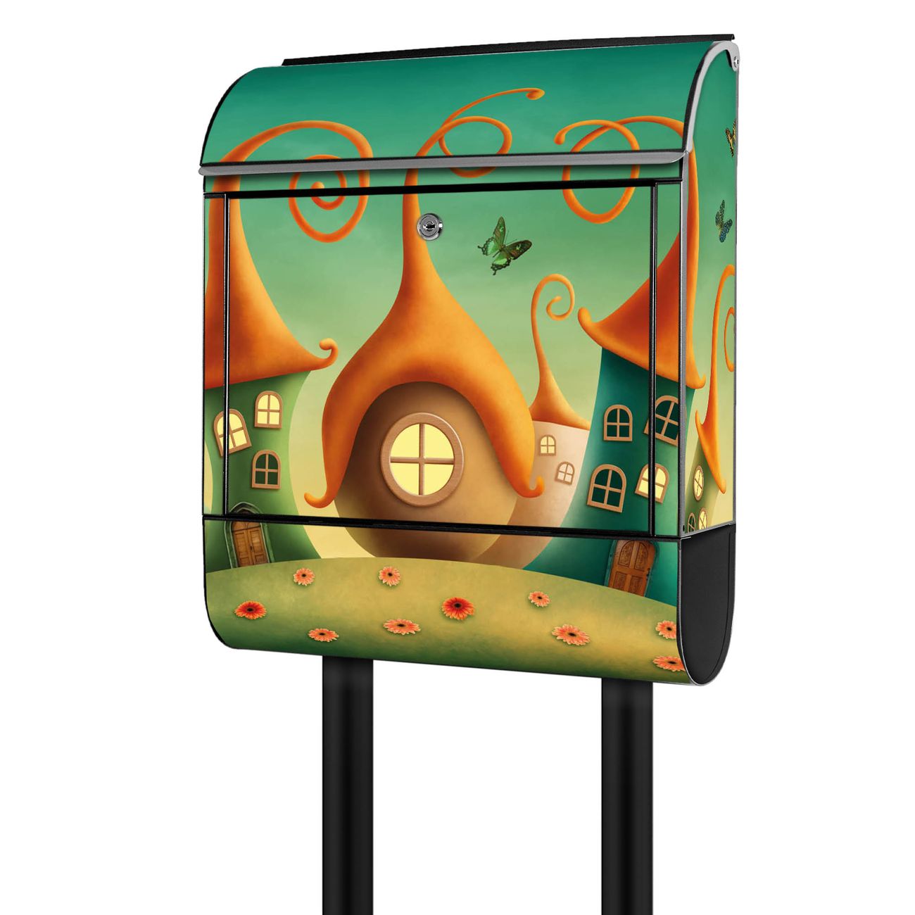 banjado Postkasten mit Standfuß und Motiv Zwergenhausen 38x161,5x16cm - mit Zeitungsfach pulverbeschichtet - 2 Schlüssel und Montageanleitung