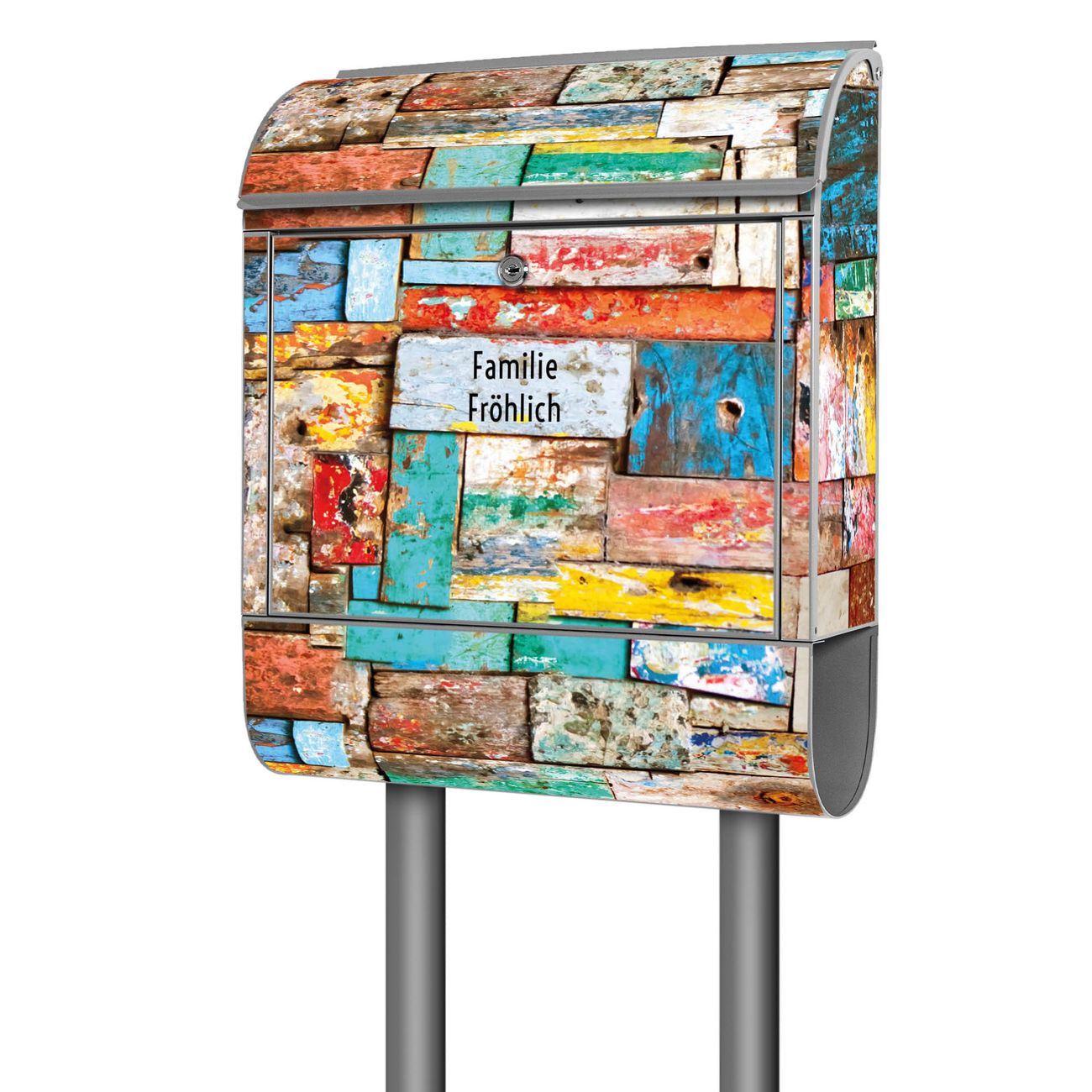 banjado freistehender Briefkasten mit Motiv Bunte Holzschindeln 38x161,5x16cm, 2 Schlüssel - Briefkasten Stahl mit Zeitungsfach pulverbeschichtet