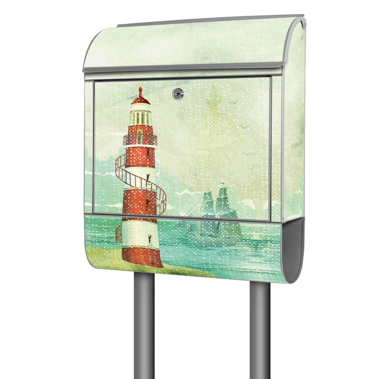 banjado Postkasten mit Standfuß und Motiv Alter Leuchtturm 38x161,5x16cm - mit Zeitungsfach pulverbeschichtet - 2 Schlüssel und Montageanleitung