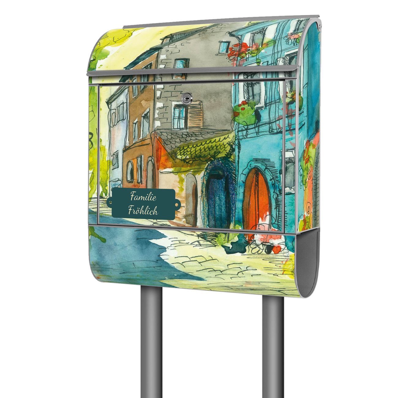 banjado Standbriefkasten groß mit Motiv Historischer Stadtkern 38x161,5x16cm - inkl Zeitungsfach, 2 Schlüssel und Montageanleitung - pulverbeschichtet
