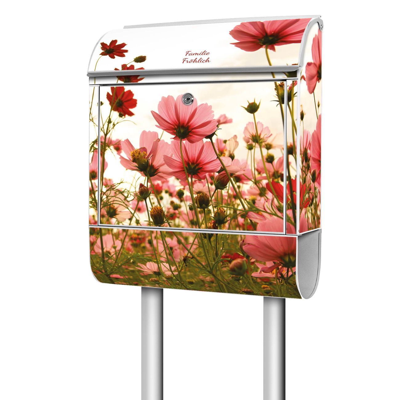 banjado Postkasten mit Standfuß und Motiv Schmuckkörbchen 38x161,5x16cm - mit Zeitungsfach pulverbeschichtet - 2 Schlüssel und Montageanleitung