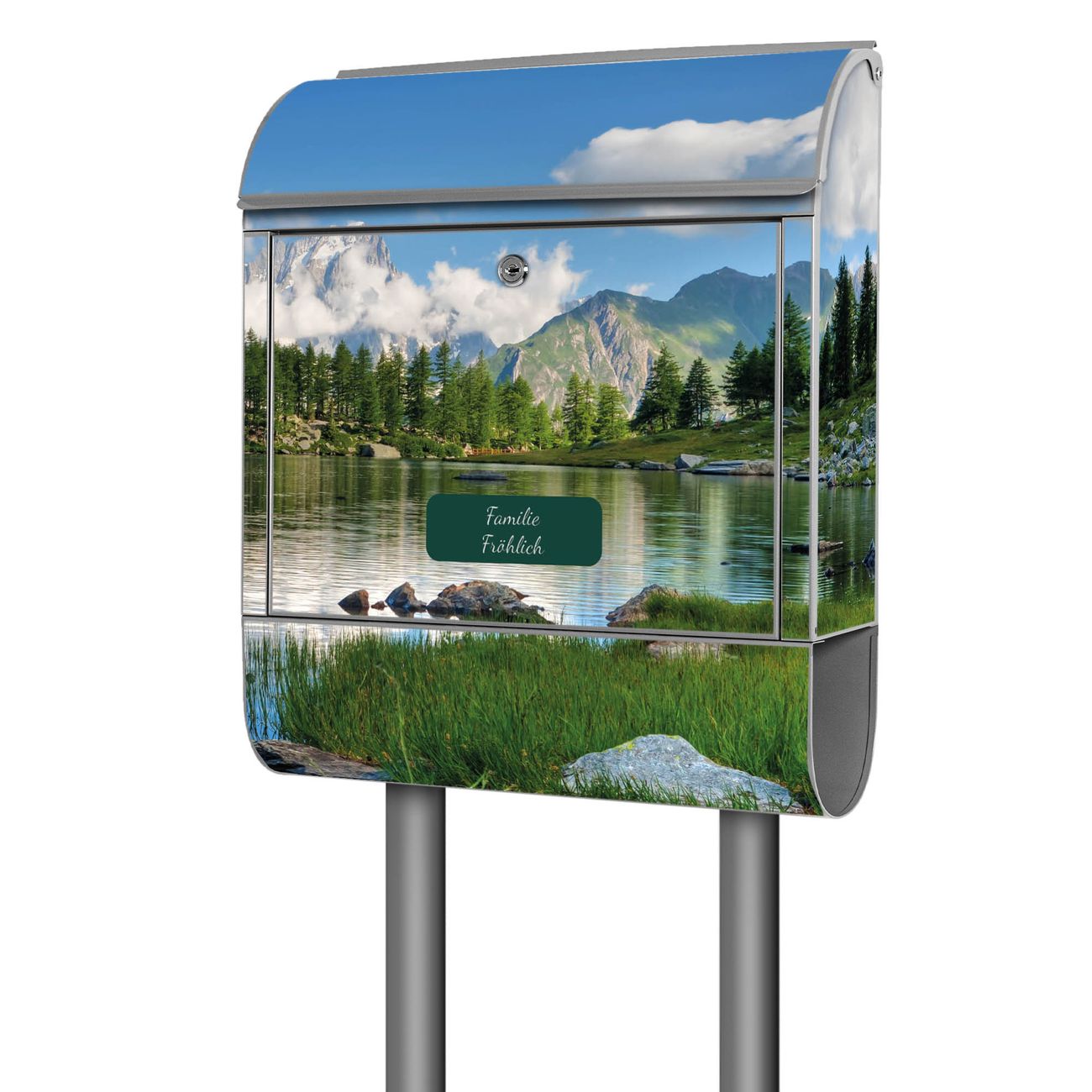 banjado Standbriefkasten groß mit Motiv Gebirgssee 38x161,5x16cm - inkl Zeitungsfach, 2 Schlüssel und Montageanleitung - pulverbeschichtet