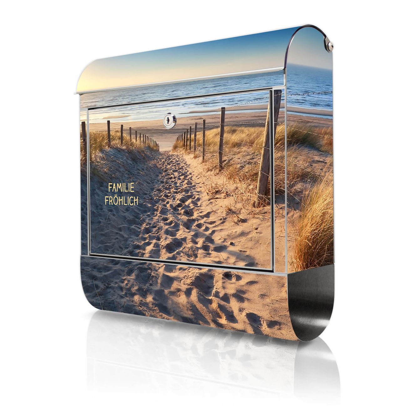 banjado Edelstahl Briefkasten mit Zeitungsfach, personalisiert mit Motiv Nordseestrand 38x43x12,5cm, Wandbriefkasten ausgefallen bunt inkl. Montagematerial