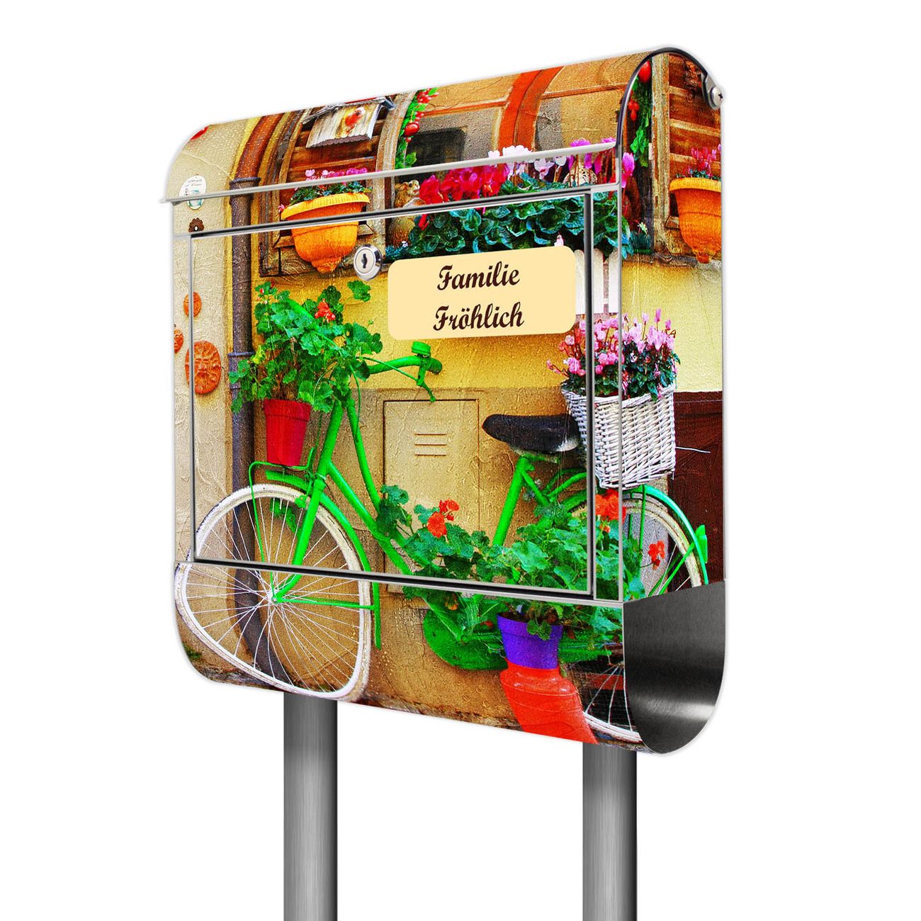 banjado Edelstahl Briefkasten freistehend mit Zeitungsbox und Motiv Grünes Fahrrad 38x161,5x14cm rostfreier 18/0 Edelstahl inkl. Montagematerial 2 Schlüssel
