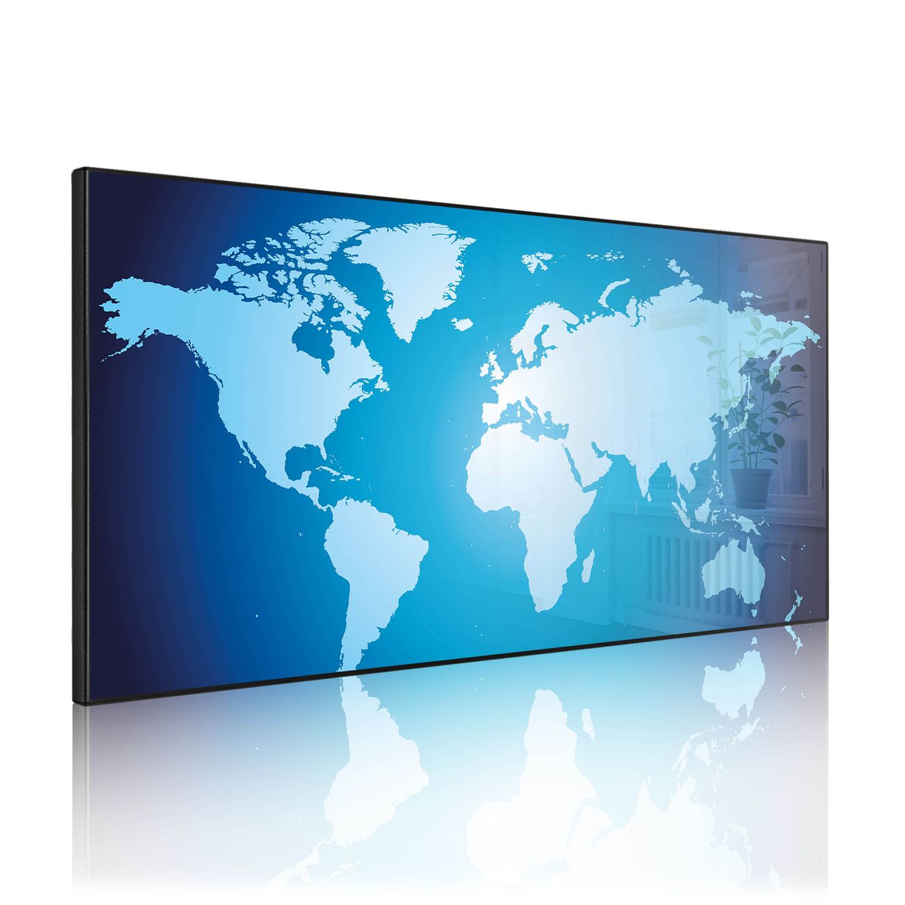 banjado Metall Magnettafel 37x78cm Schwarz Querformat mit Motiv Weltkarte, Magnetwand inklusive Montagematerial und 4 Magneten, Pinnwand