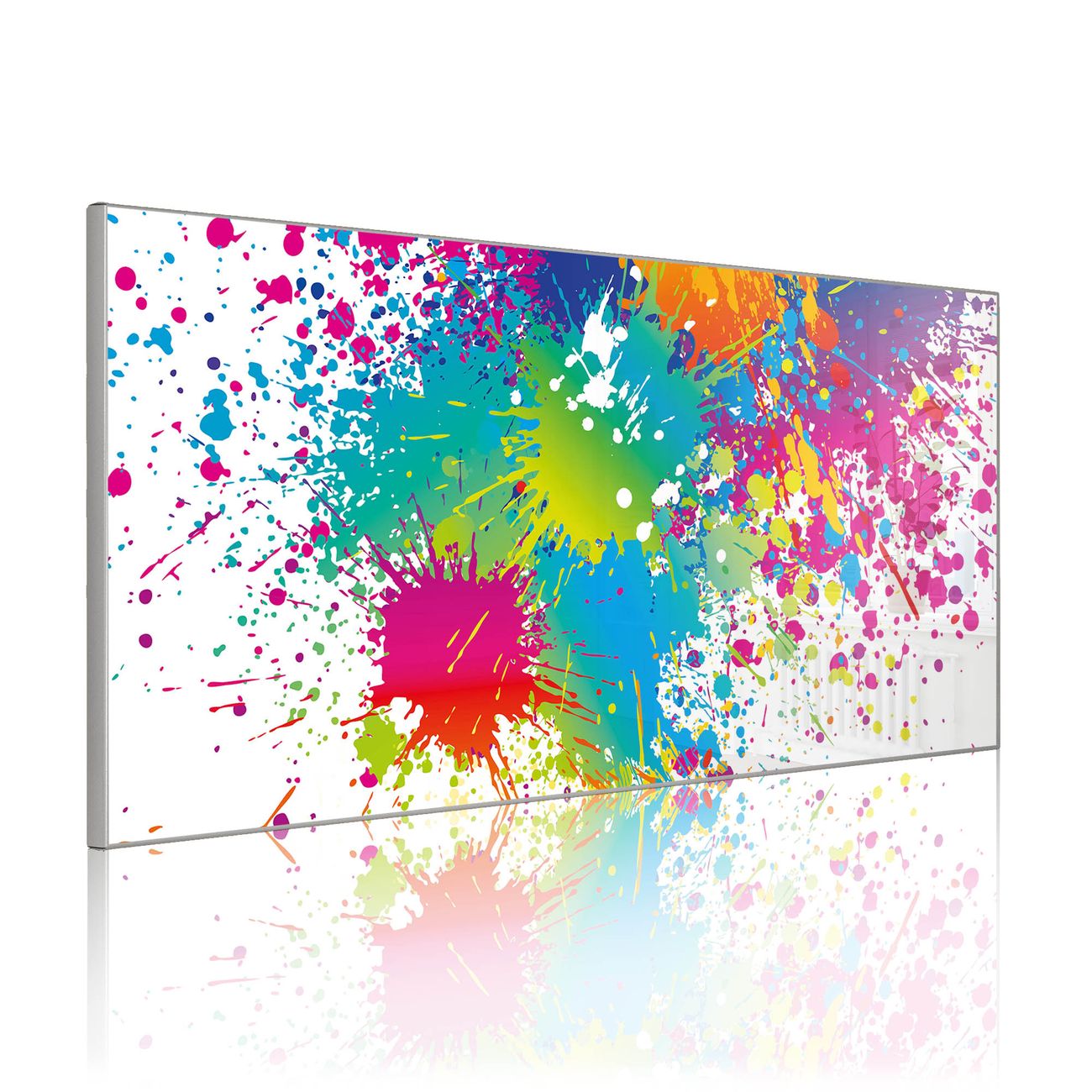 banjado Metall Magnettafel 37x78cm Silber Querformat mit Motiv Farbspritzer, Magnetwand inklusive Montagematerial und 4 Magneten, Pinnwand