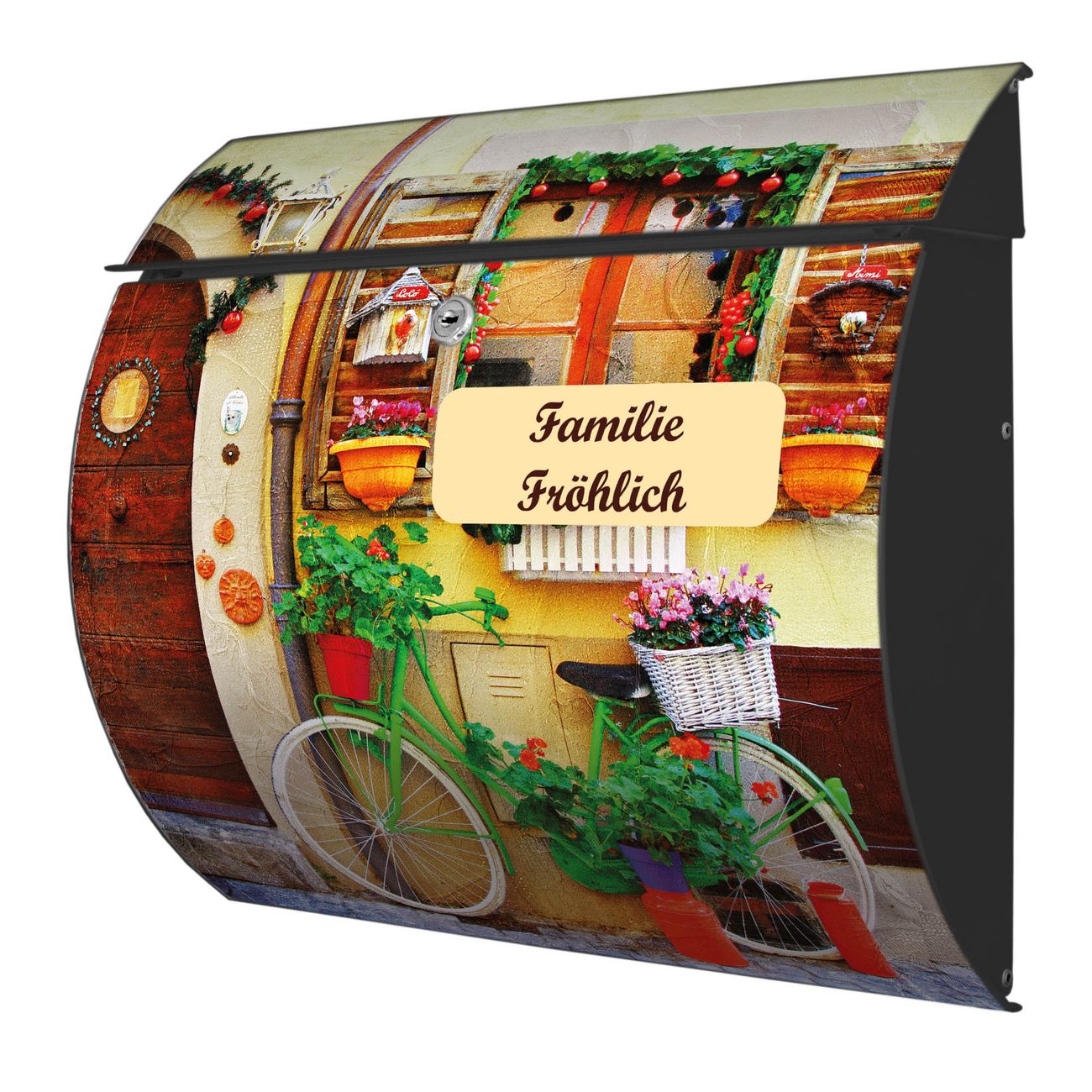 Burg-Wächter Toscana Briefkasten bunt mit Motiv Grünes Fahrrad 38x33x11cm - Stahl und Edelstahl, 2 Schlüssel, mit personalisierung Anthrazit