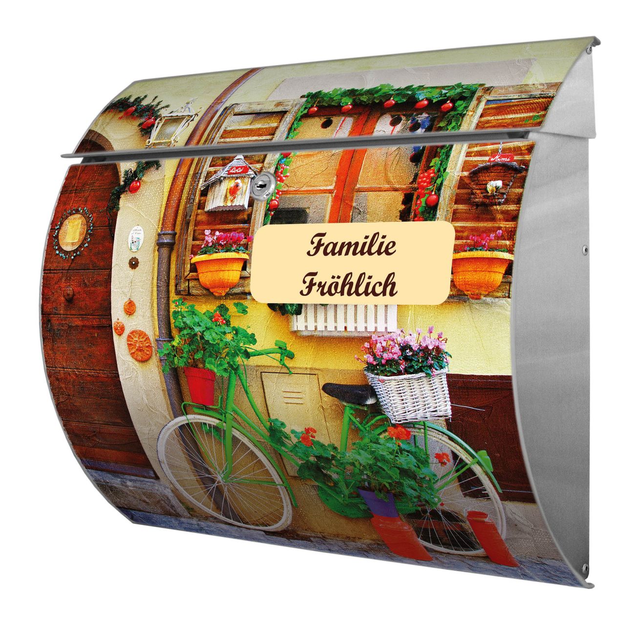 Burg-Wächter Toscana Briefkasten bunt mit Motiv Grünes Fahrrad 38x33x11cm - Stahl und Edelstahl, 2 Schlüssel, mit personalisierung Edelstahl