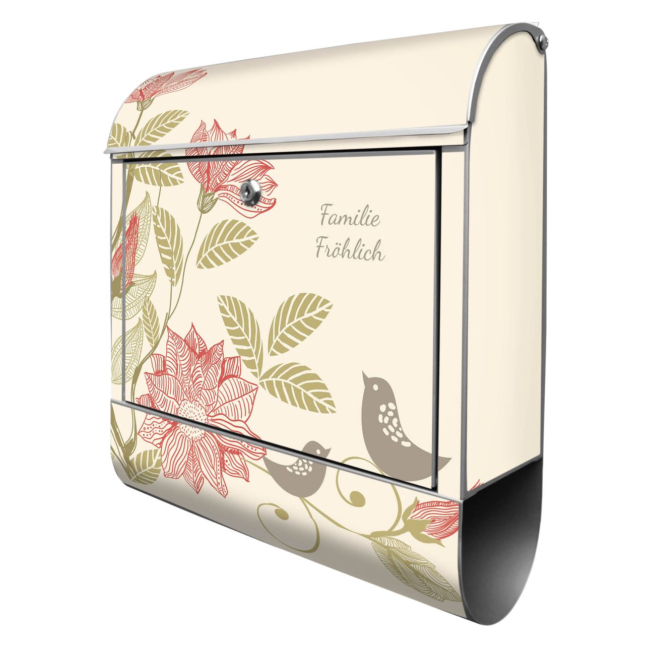 banjado Briefkasten groß silber kaufen mit Motiv Vogelhochzeit 38x47x13cm - mit Zeitungsfach pulverbeschichtet - 2 Schlüssel - mit Montageanleitung