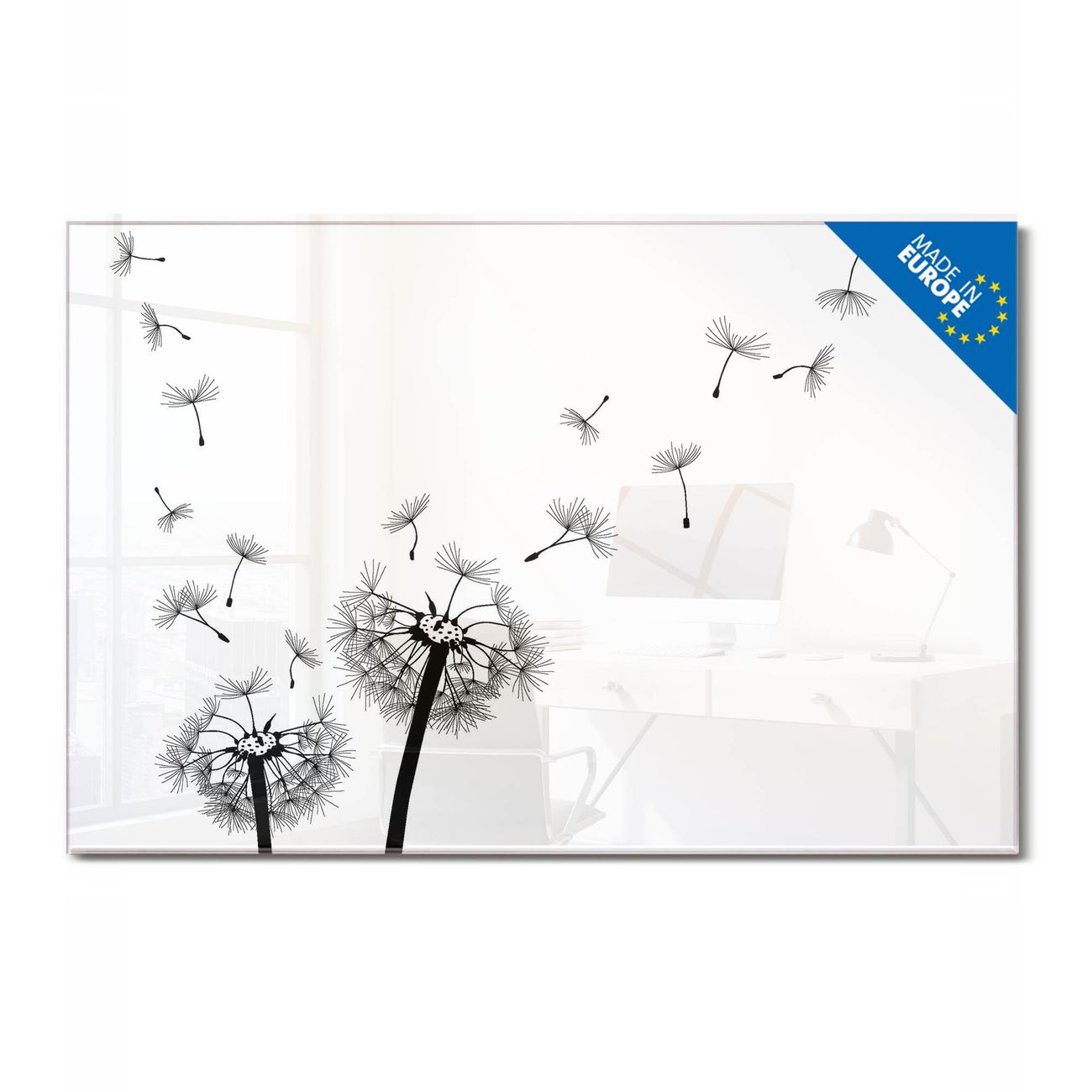 banjado Glas Magnettafel Motiv Pusteblume 2 90 x 60 cm rahmenlos & hochwertig, Querformat, magnetisch & beschreibbar, 4mm starkes ESG Glas