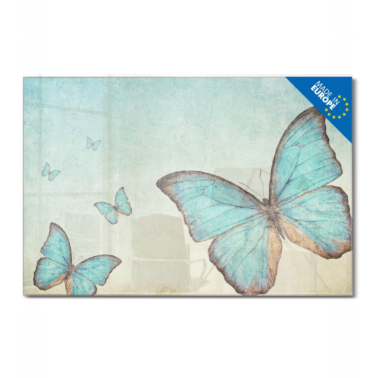 banjado Glas Magnettafel Motiv Blaue Schmetterlinge 120 x 80 cm rahmenlos & hochwertig, Querformat, magnetisch & beschreibbar, 4mm starkes ESG Glas