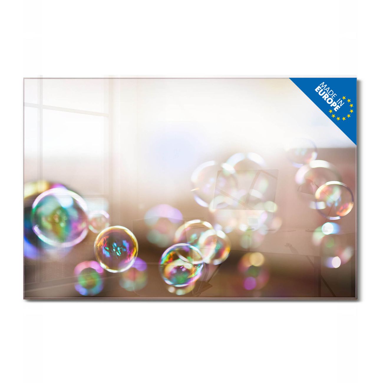 banjado Glas Magnettafel Motiv Seifenblasen 90 x 60 cm rahmenlos & hochwertig, Querformat, magnetisch & beschreibbar, 4mm starkes ESG Glas