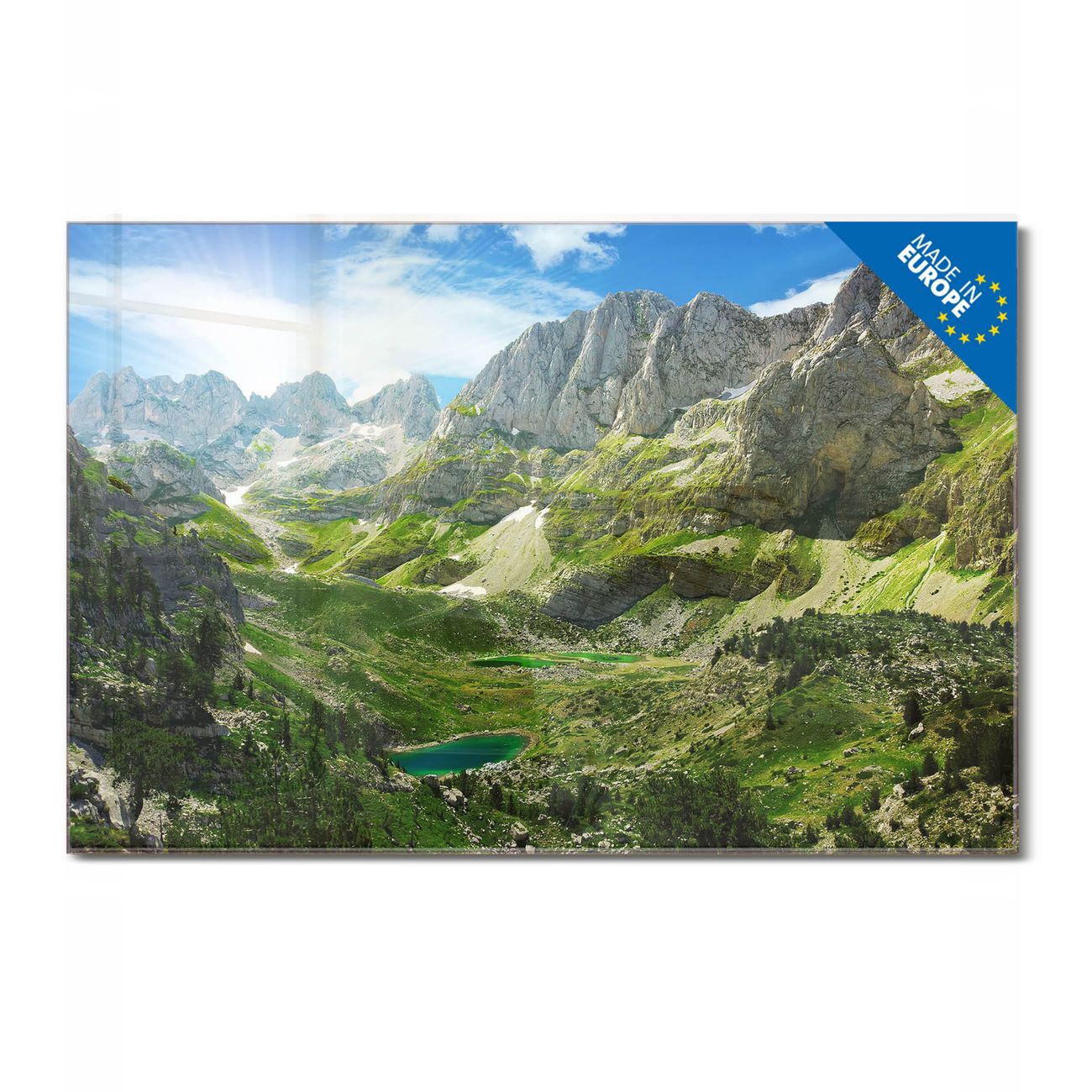 banjado Glas Magnettafel Motiv Bergsee Alpen 75 x 50 cm rahmenlos & hochwertig, Querformat, magnetisch & beschreibbar, 4mm starkes ESG Glas