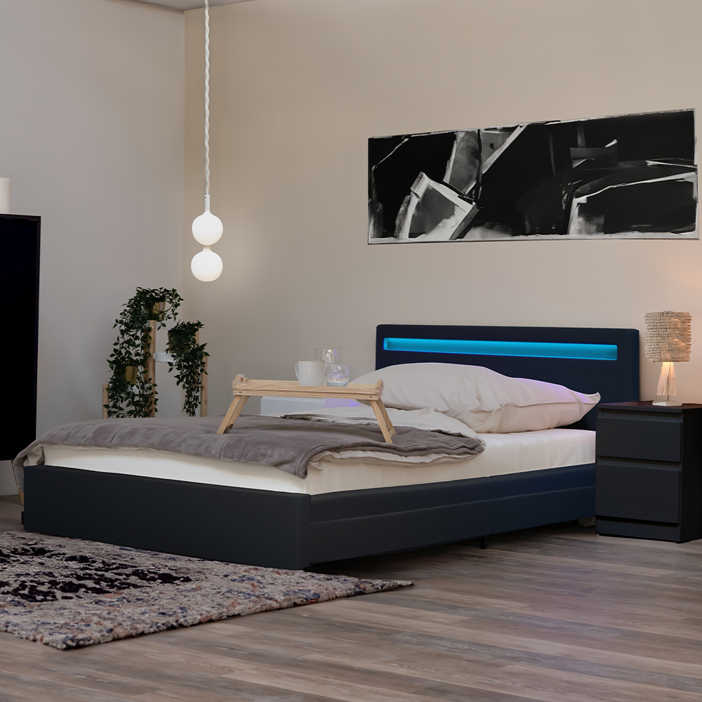 LED Bett mit Schubladen NUBE - 140 x 200 cm Dunkelgrau