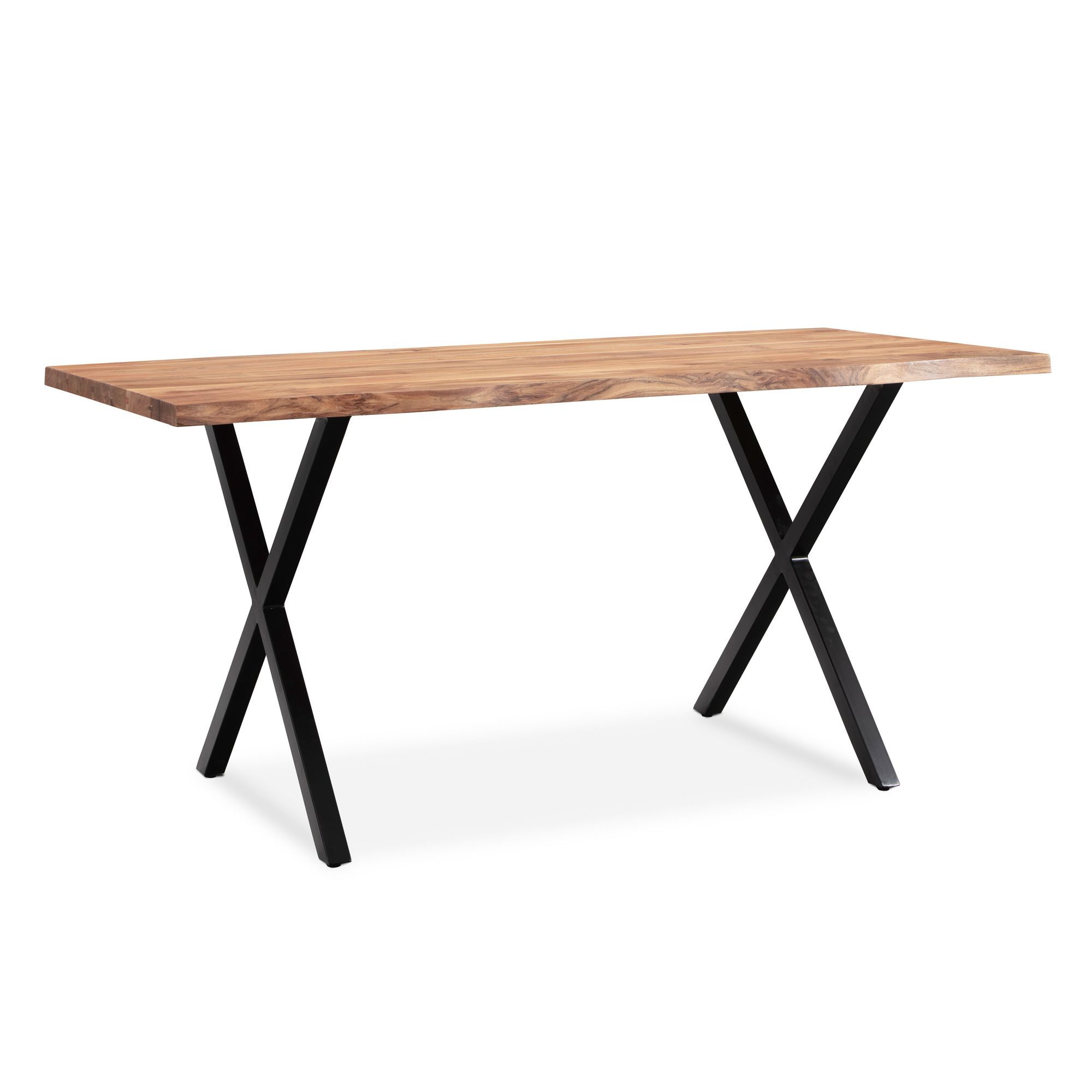 FineBuy Esszimmertisch rechteckig Massivholz Akazie Baumkante - Industrial Esstisch Baumstamm Massiv Echtholz - Küchentisch - Baumkantentisch mit schwarzem X-Gestell