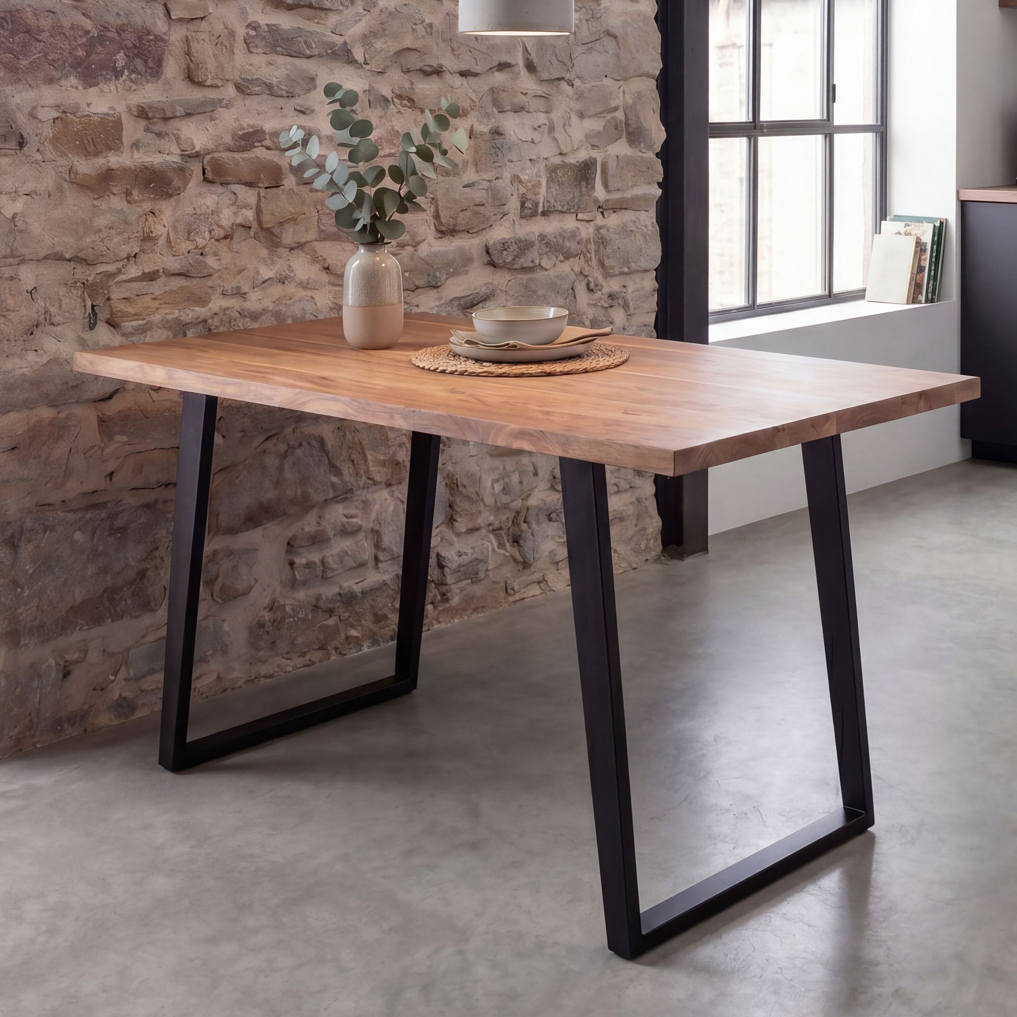 FineBuy Esszimmertisch 120x60x76 cm Akazie Massivholz / Metall Esstisch Baumkante, Küchentisch Massiv mit U-Beinen in Schwarz, Holztisch Speisetisch Esszimmer Rechteckig