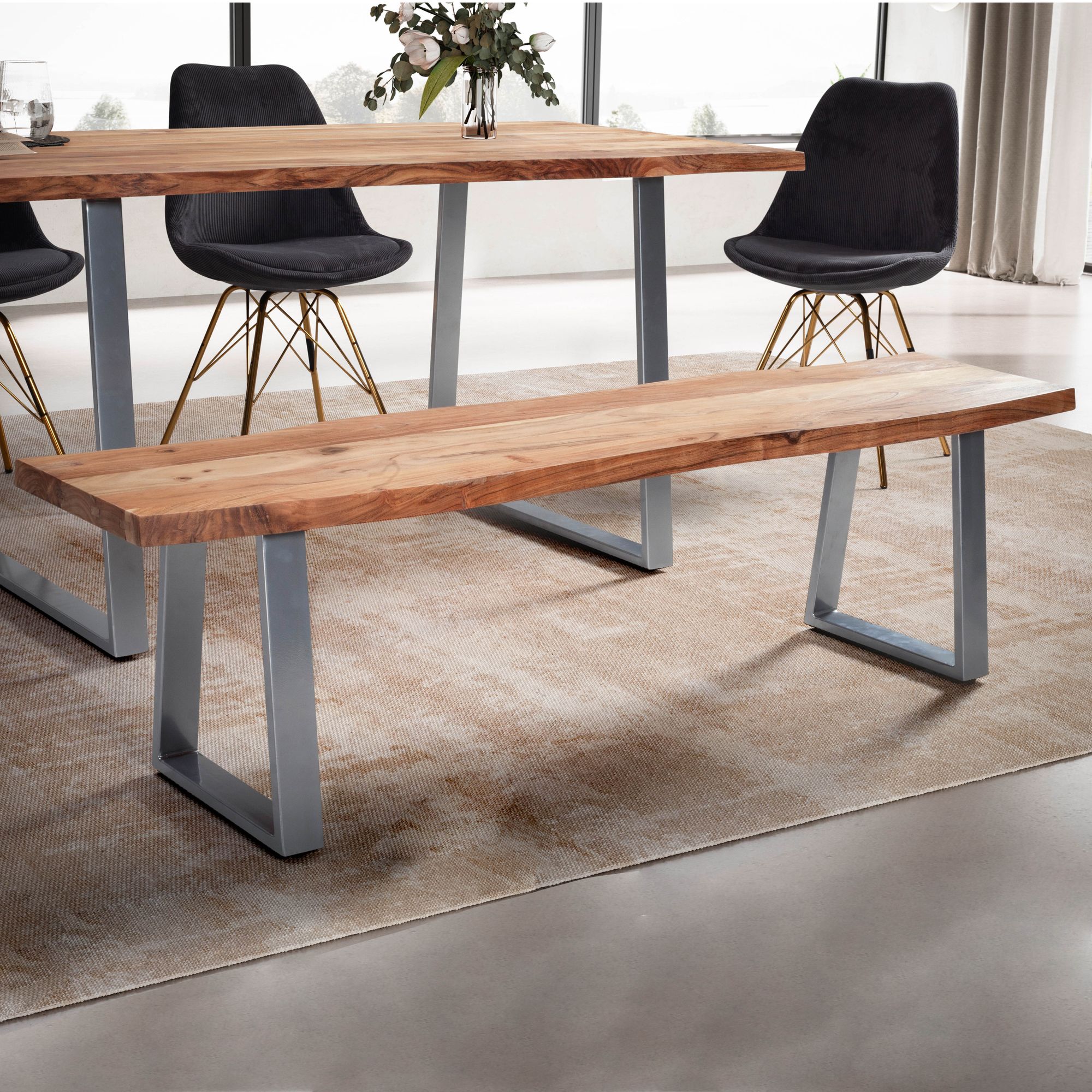FineBuy Esszimmerbank 180x40x45,5 cm Akazie Massivholz / Metall mit Baumkante, Esstischbank Holzbank Massiv ohne Lehne, Küchenbank Chrom Essbank Modern, Sitzbank Esszimmer Groß
