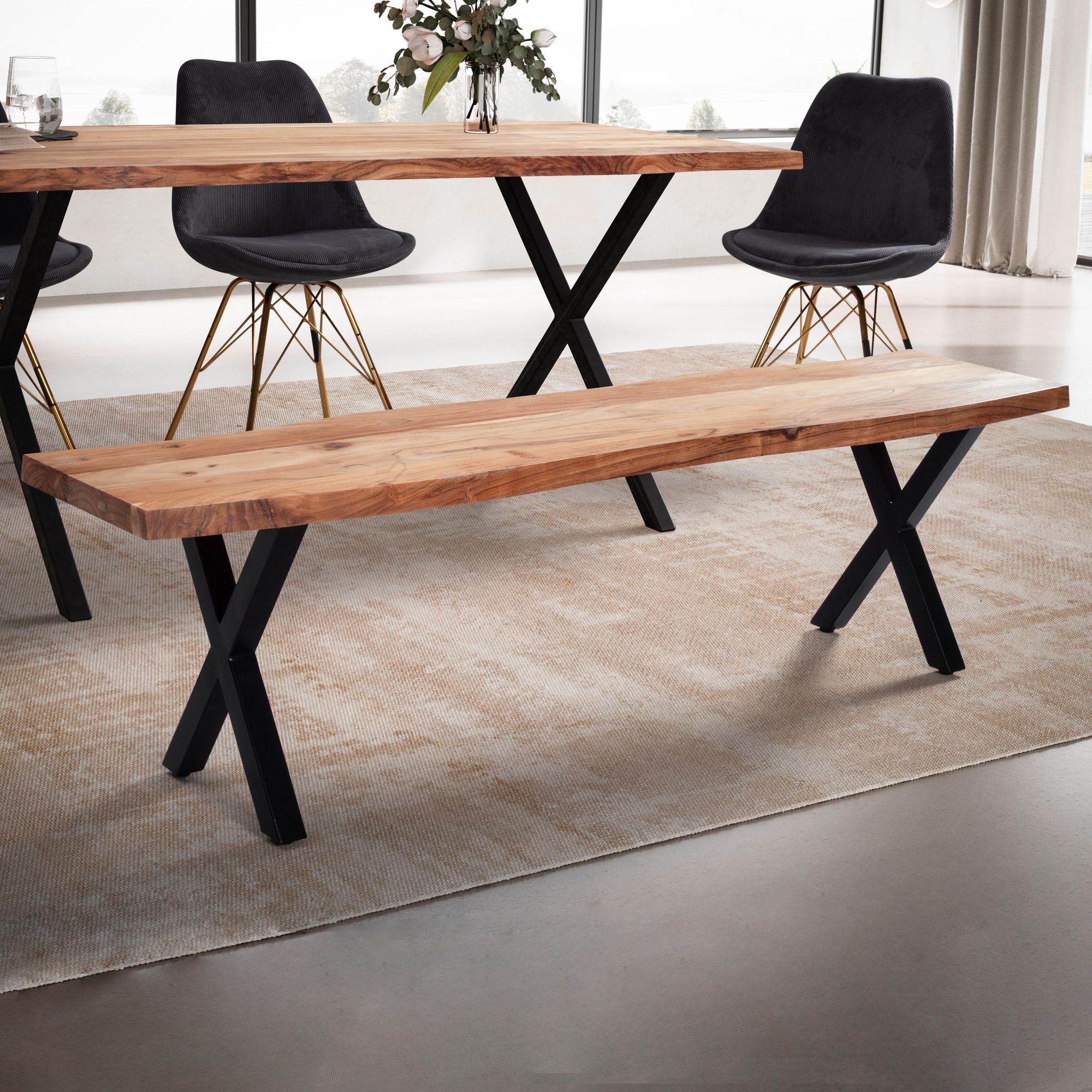 FineBuy Esszimmerbank 180x40x45,5 cm Akazie Massivholz / Metall mit Baumkante, Esstischbank Modern, Holzbank Massiv ohne Lehne, Küchenbank Essbank mit X-Beinen, Sitzbank Esszimmer Groß