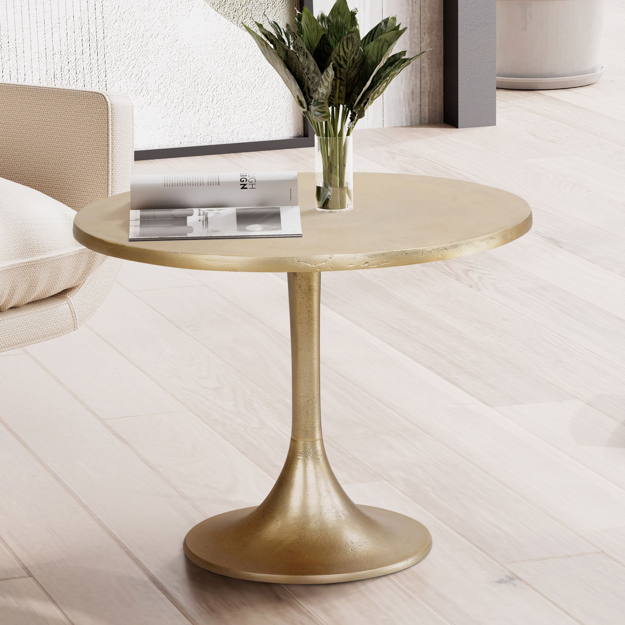 FineBuy Design Couchtisch rund 60 cm Metall gold - Goldener Wohnzimmertisch aus Aluminium - Runder handgefertigter Beistelltisch für Wohnzimmer