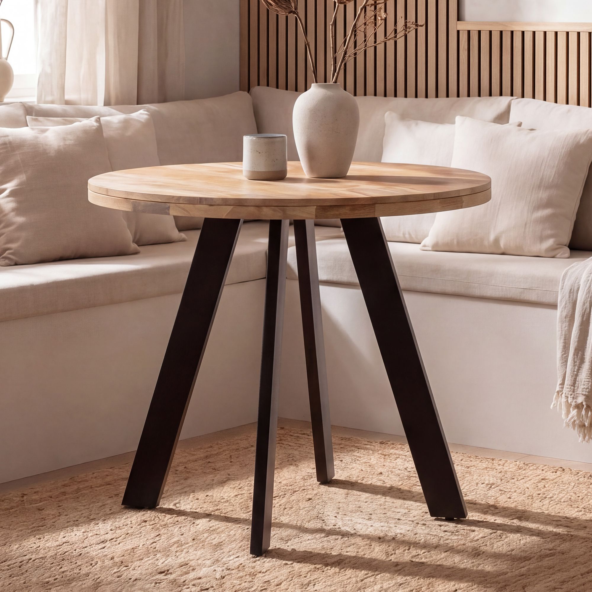 FineBuy Esstisch rund Ø 80 cm Mango Massivholz – Moderner Küchentisch mit Metallbeinen, Design Holztisch für 3 Personen, kleiner Esszimmertisch im Industrial Stil