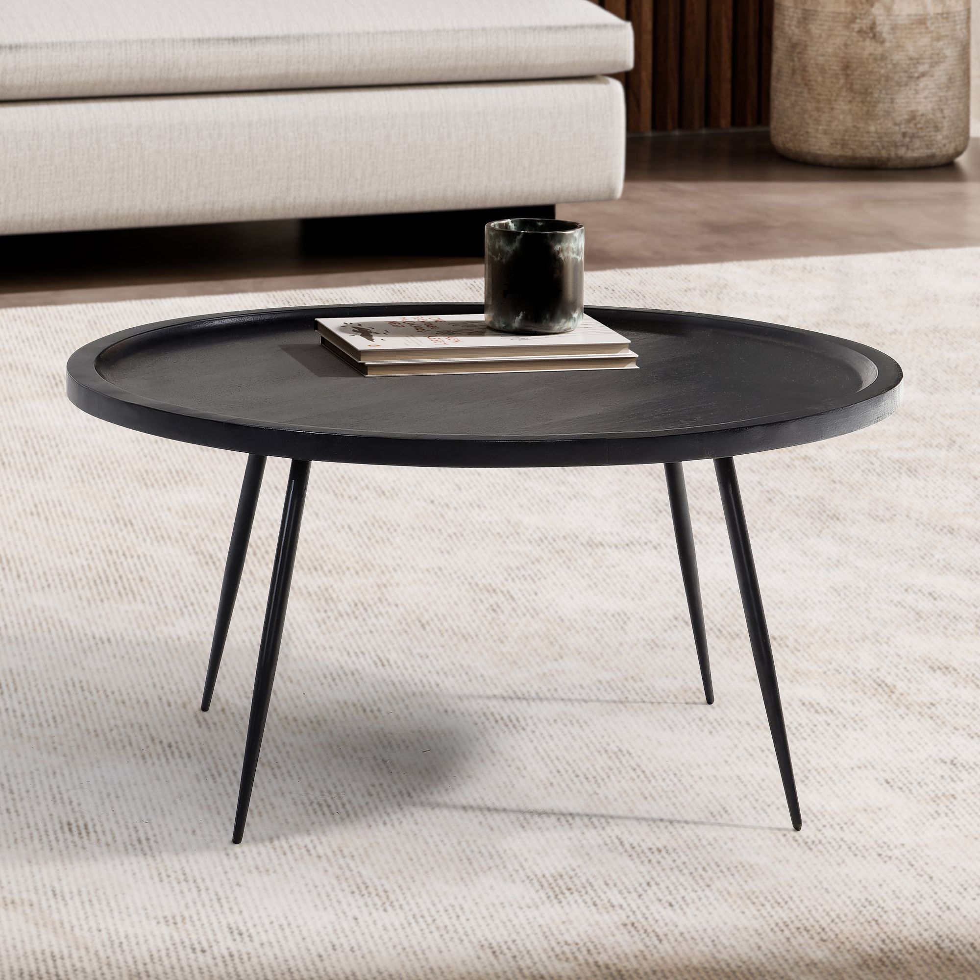 FineBuy Couchtisch Mango Massivholz rund Ø 75 cm Schwarz · Moderner Wohnzimmertisch mit Metallbeinen · Handgefertigter Sofatisch im Industrial Japandi Design