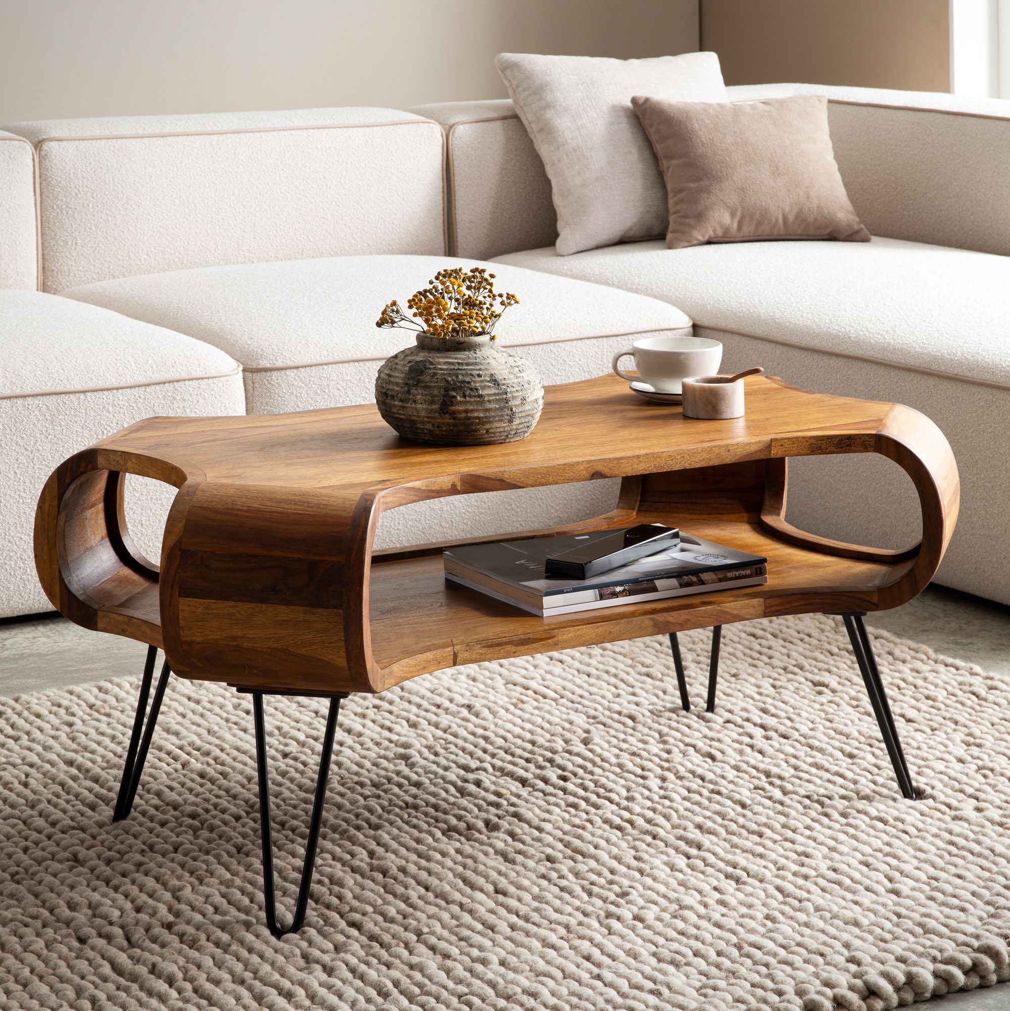 FineBuy Couchtisch 100x60x47 cm Sheesham Massivholz Metall Sofatisch, Design Wohnzimmertisch Rechteckig mit Stauraum, Kaffeetisch Massiv, Großer Tisch Wohnzimmer mit Haarnadelbeine