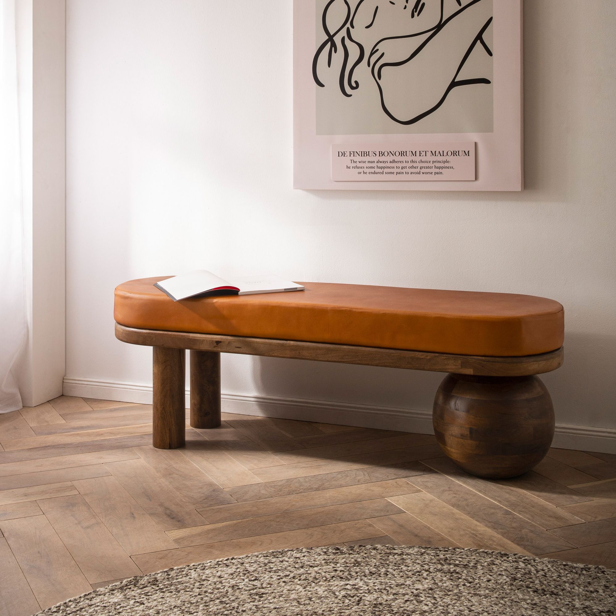 FineBuy gepolsterte Sitzbank 140 cm Massivholz Echtleder - Design Bank für Garderobe Schlafzimmer & Wohnzimmer - Ausgefallene Garderobenbank Handmade