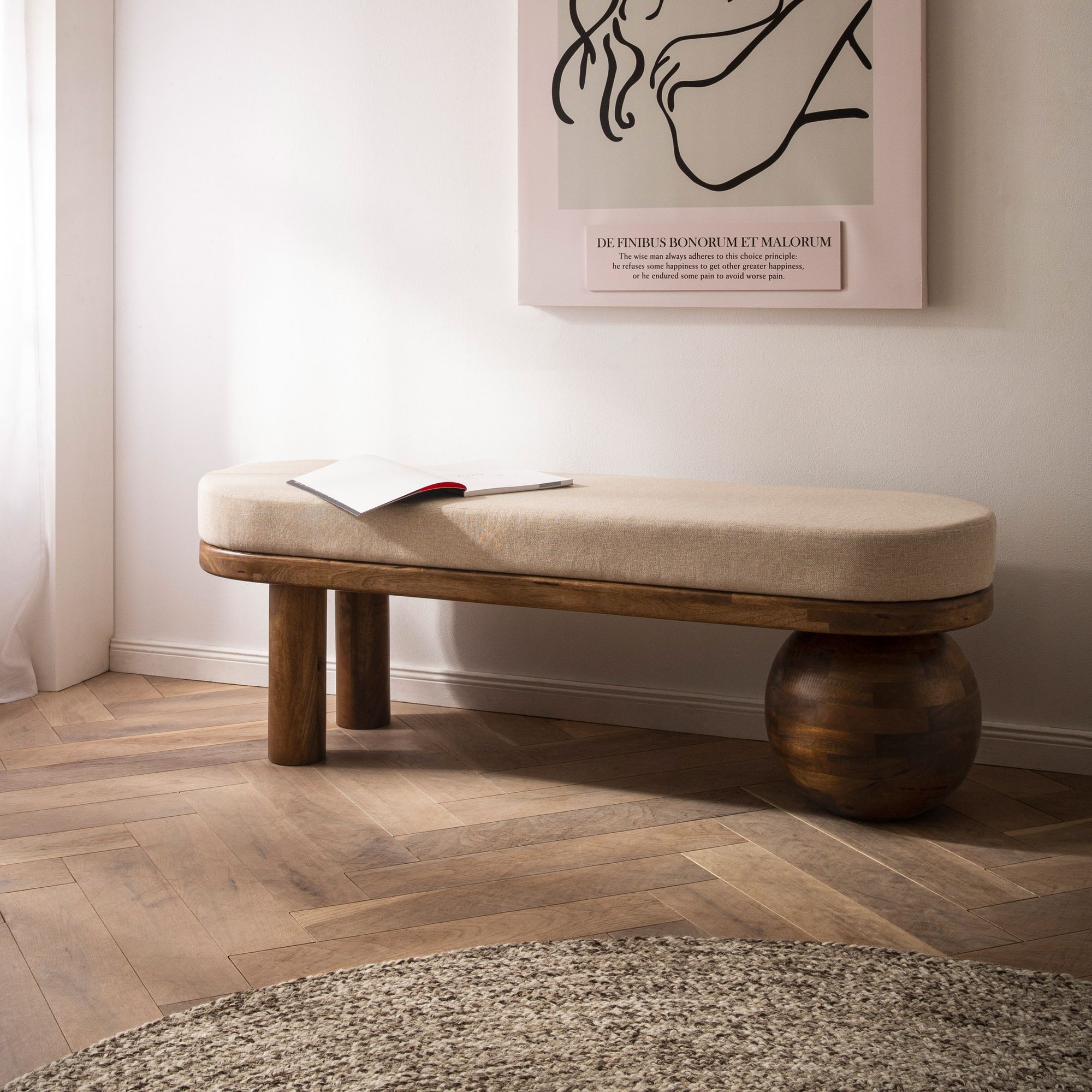 FineBuy gepolsterte Sitzbank 140 cm Massivholz Stoff - Design Bank für Garderobe Schlafzimmer & Wohnzimmer - Ausgefallene Garderobenbank Handmade